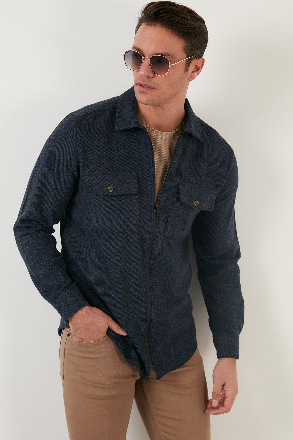 Çift Cepli Fermuarlı Slim Fit Kışlık Erkek Gömlek CF21W112925 İNDİGO