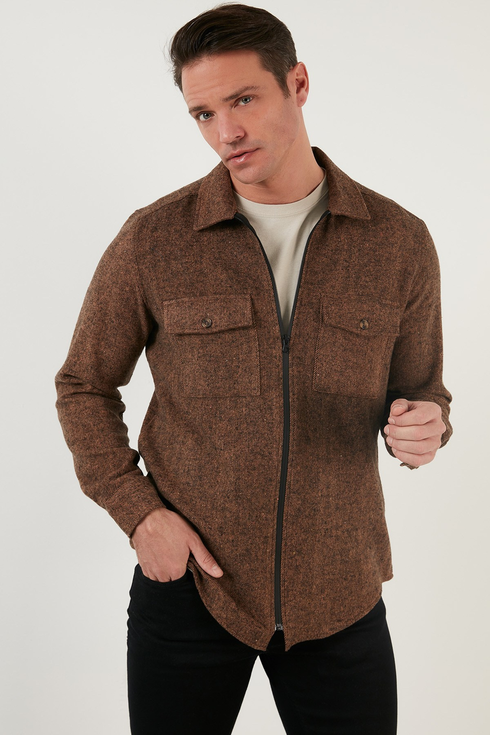 Çift Cepli Fermuarlı Slim Fit Kışlık Erkek Gömlek CF21W112925 HARDAL