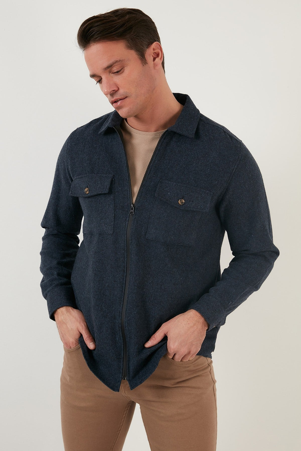 Çift Cepli Fermuarlı Slim Fit Kışlık Erkek Gömlek CF21W112925 İNDİGO
