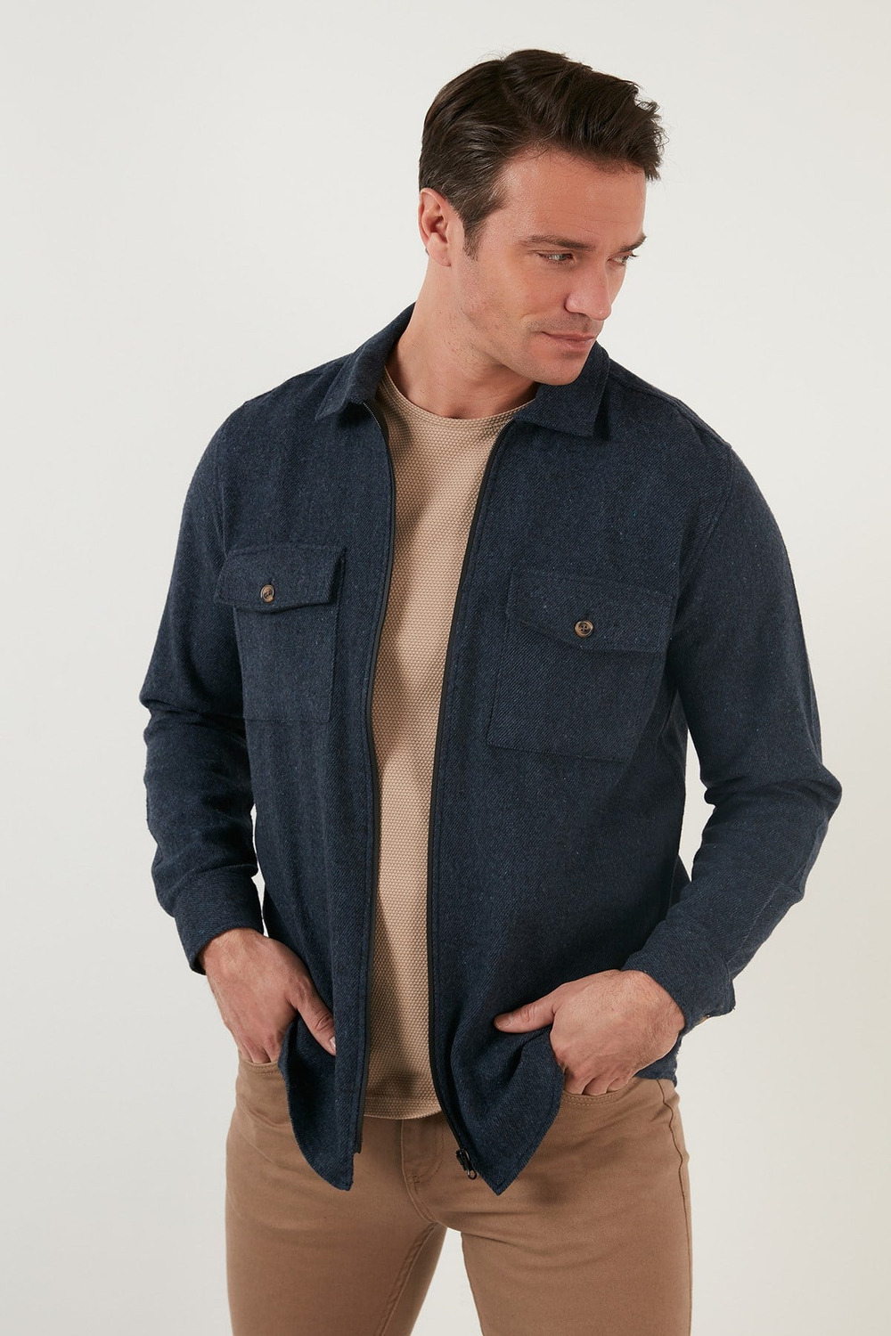 Çift Cepli Fermuarlı Slim Fit Kışlık Erkek Gömlek CF21W112925 İNDİGO