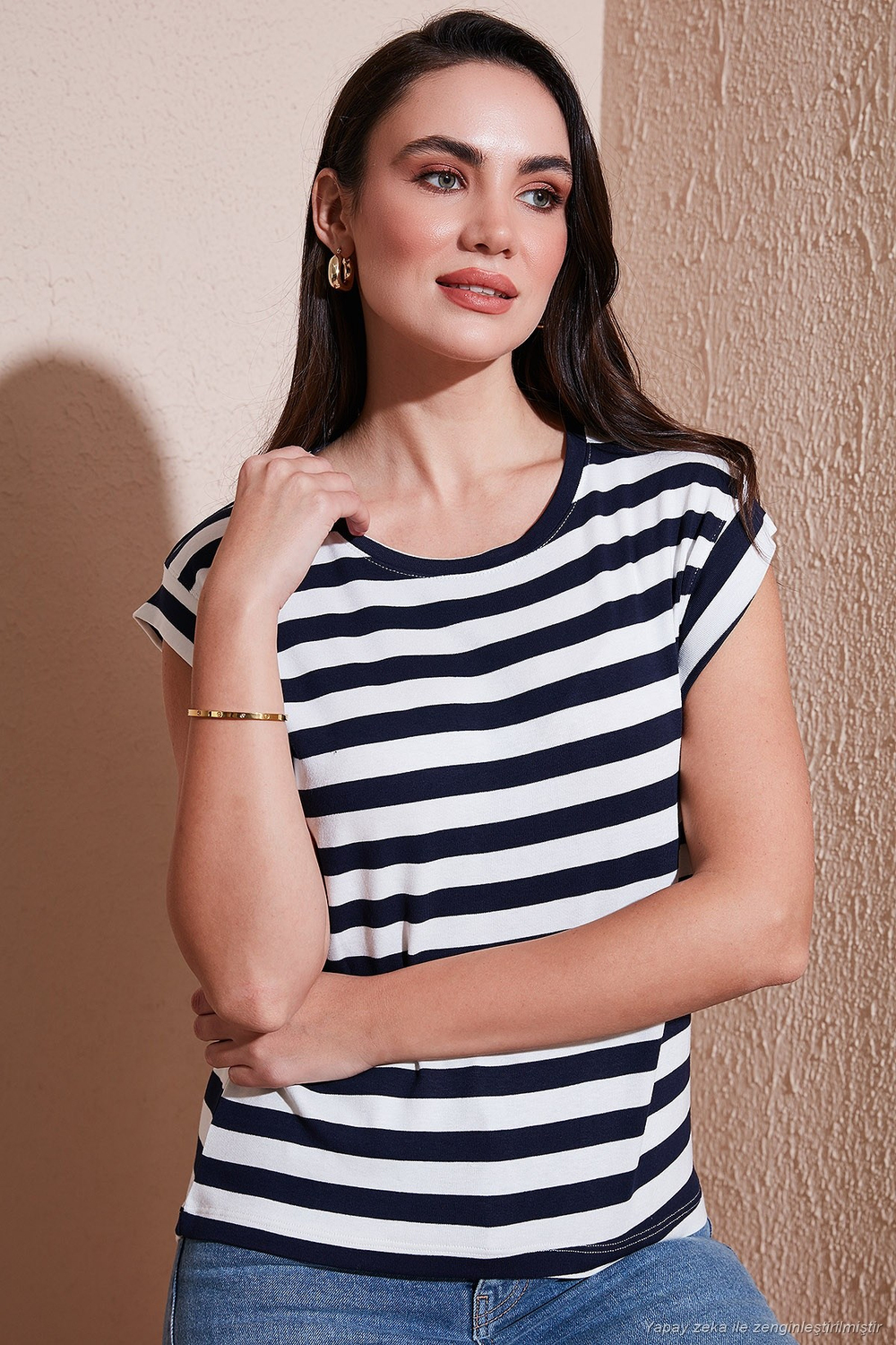 Çizgili Oversize Fit Bisiklet Yaka Kadın T Shirt 5866103 LACİVERT