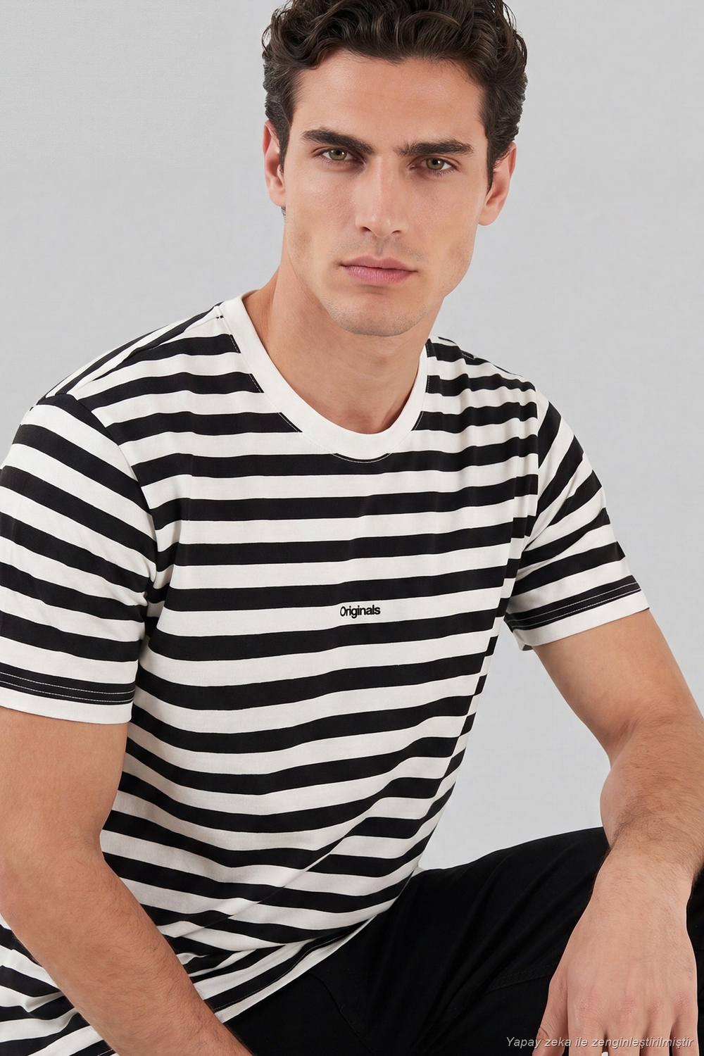 Çizgili Pamuklu Relaxed Fit Bisiklet Yaka Erkek T Shirt 5904078 SİYAH