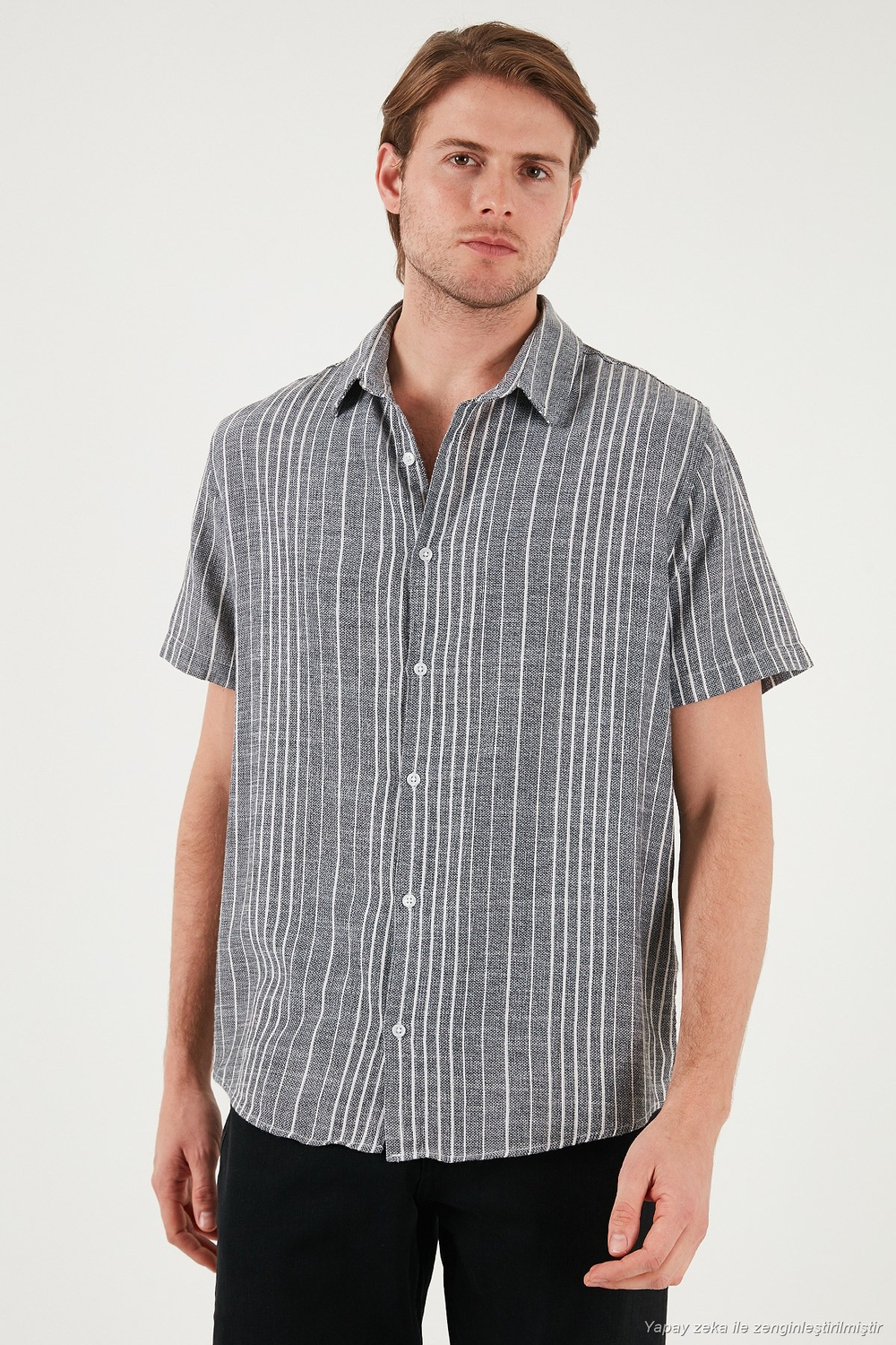 Çizgili Pamuklu Slim Fit Kısa Kollu Erkek Gömlek CF23S116097 SİYAH