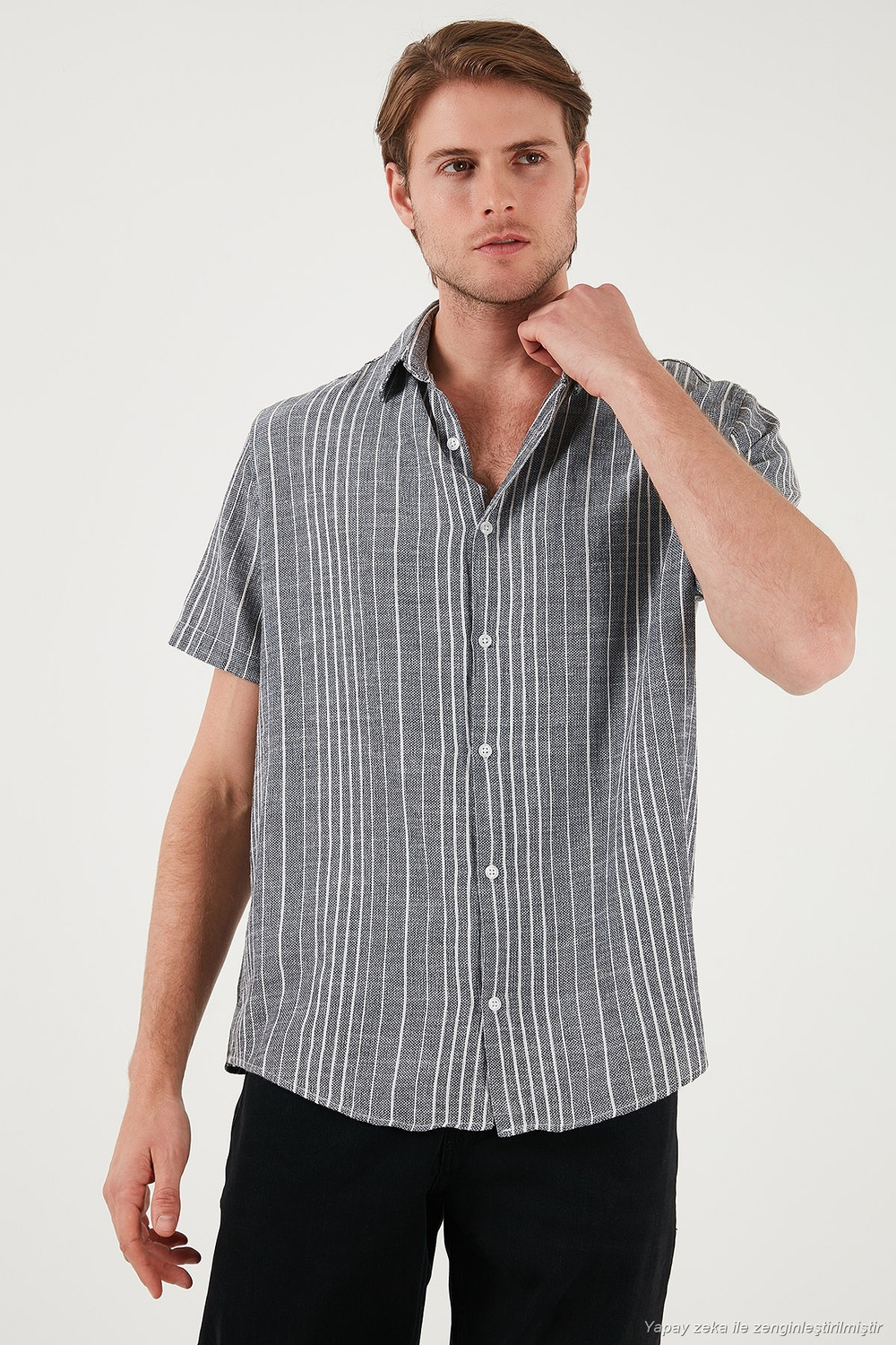 Çizgili Pamuklu Slim Fit Kısa Kollu Erkek Gömlek CF23S116097 SİYAH