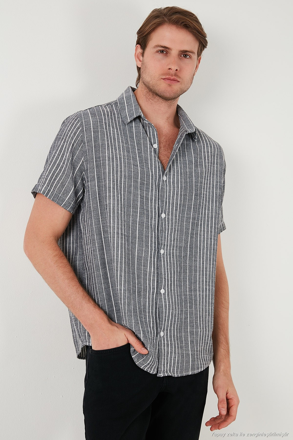 Çizgili Pamuklu Slim Fit Kısa Kollu Erkek Gömlek CF23S116097 SİYAH