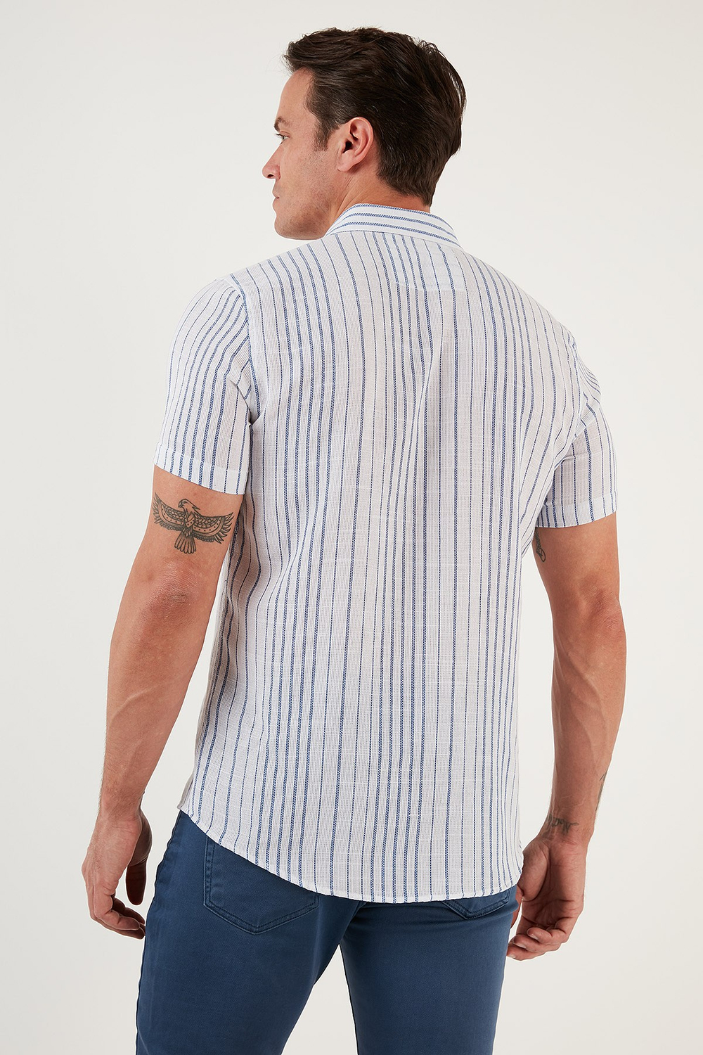 Çizgili Pamuklu Slim Fit Kısa Kollu Erkek Gömlek CF23S116097 BEYAZ-SAKS