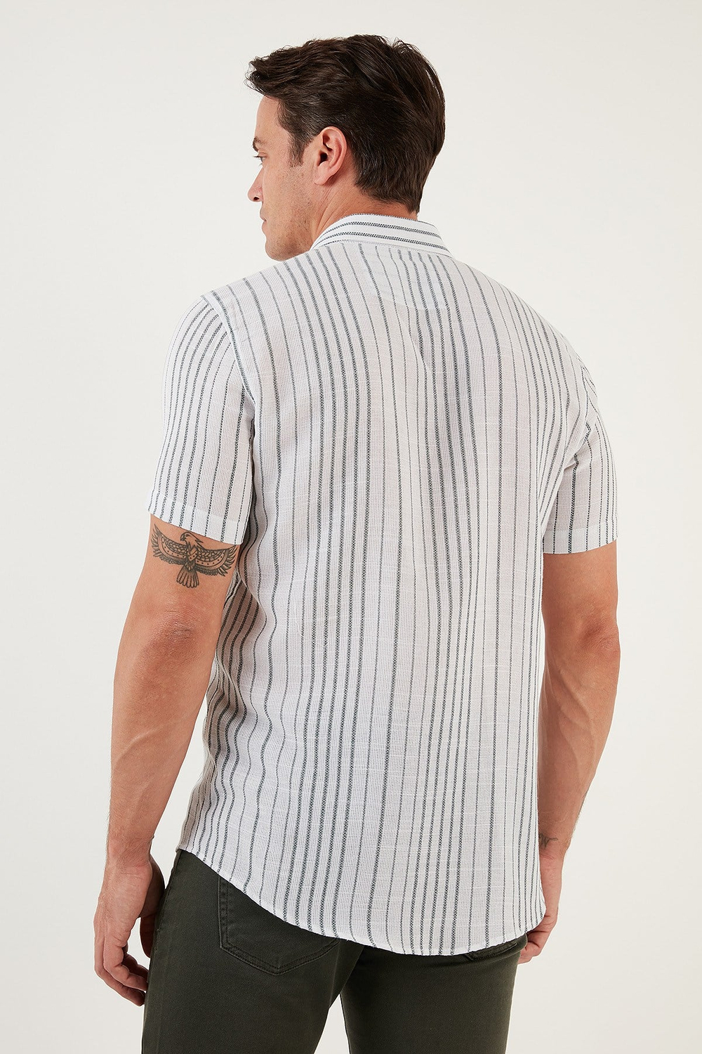 Çizgili Pamuklu Slim Fit Kısa Kollu Erkek Gömlek CF23S116097 BEYAZ-YEŞİL