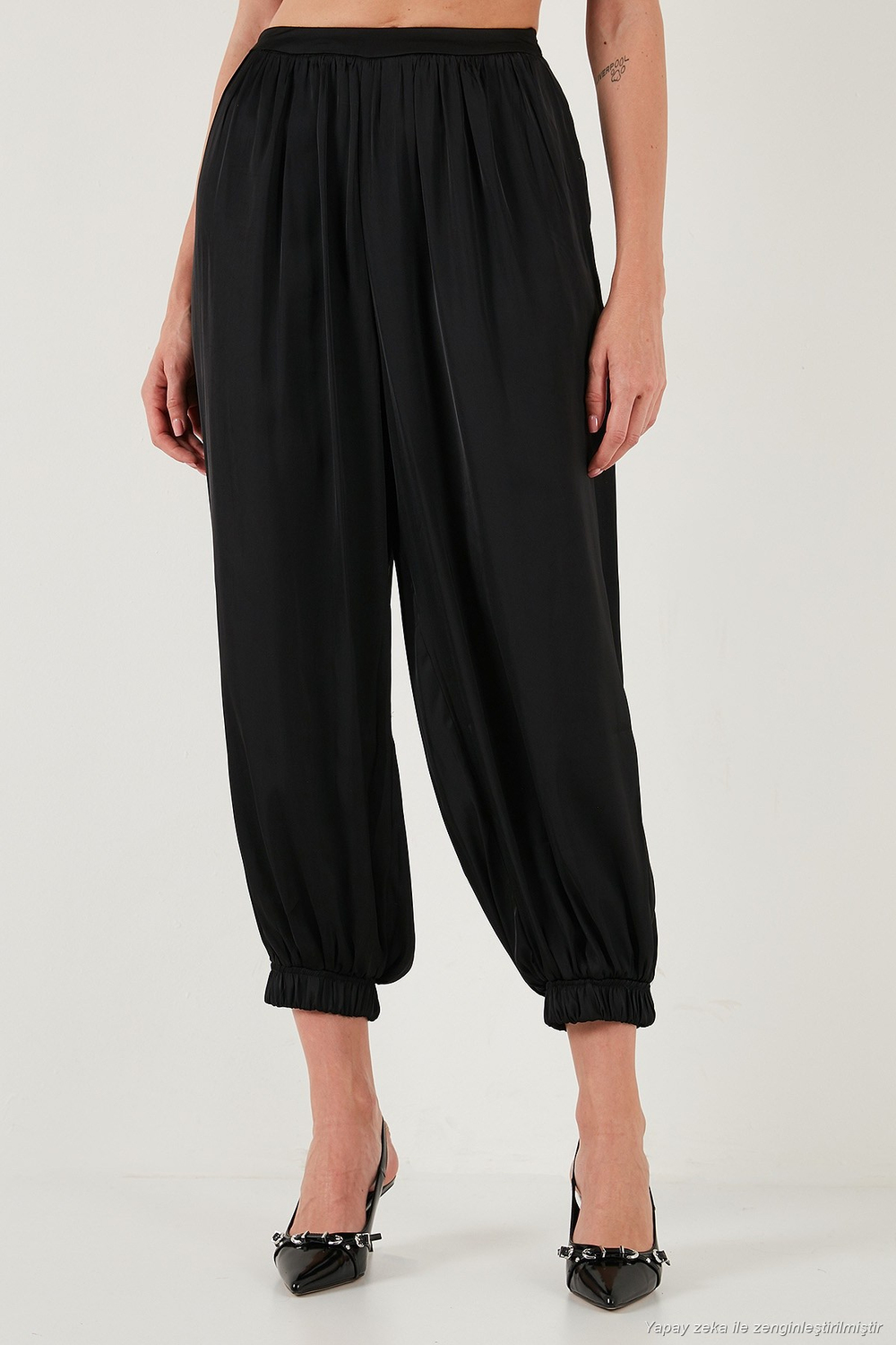 Comfort Fit Yüksek Bel Lastikli Paça Saten Kadın Pantolon 68351217 SİYAH
