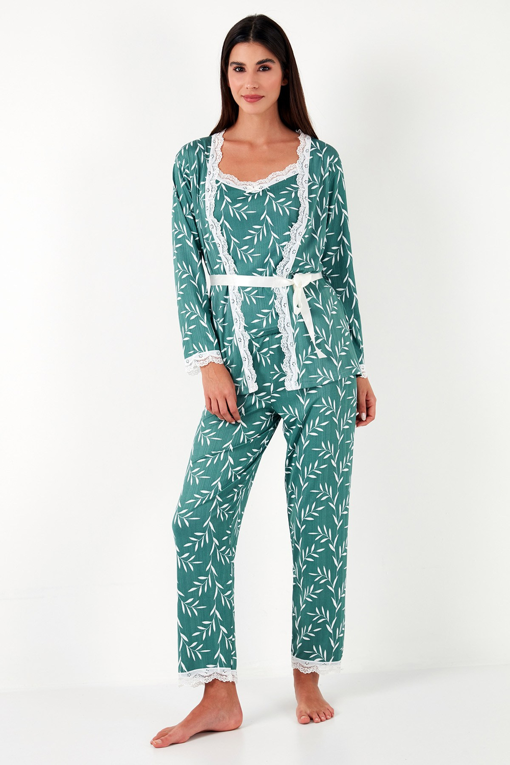 Dantelli Regular Fit Sabahlıklı İp Askılı Kadın Pijama Takımı 65780118 YEŞİL
