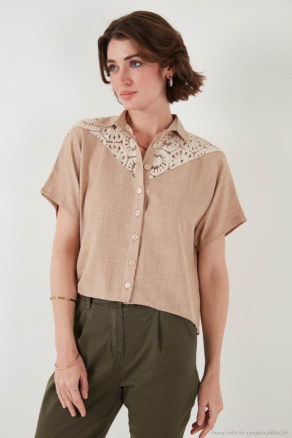 Dantelli Relaxed Fit Kısa Kollu Kadın Gömlek 5865764 TAŞ