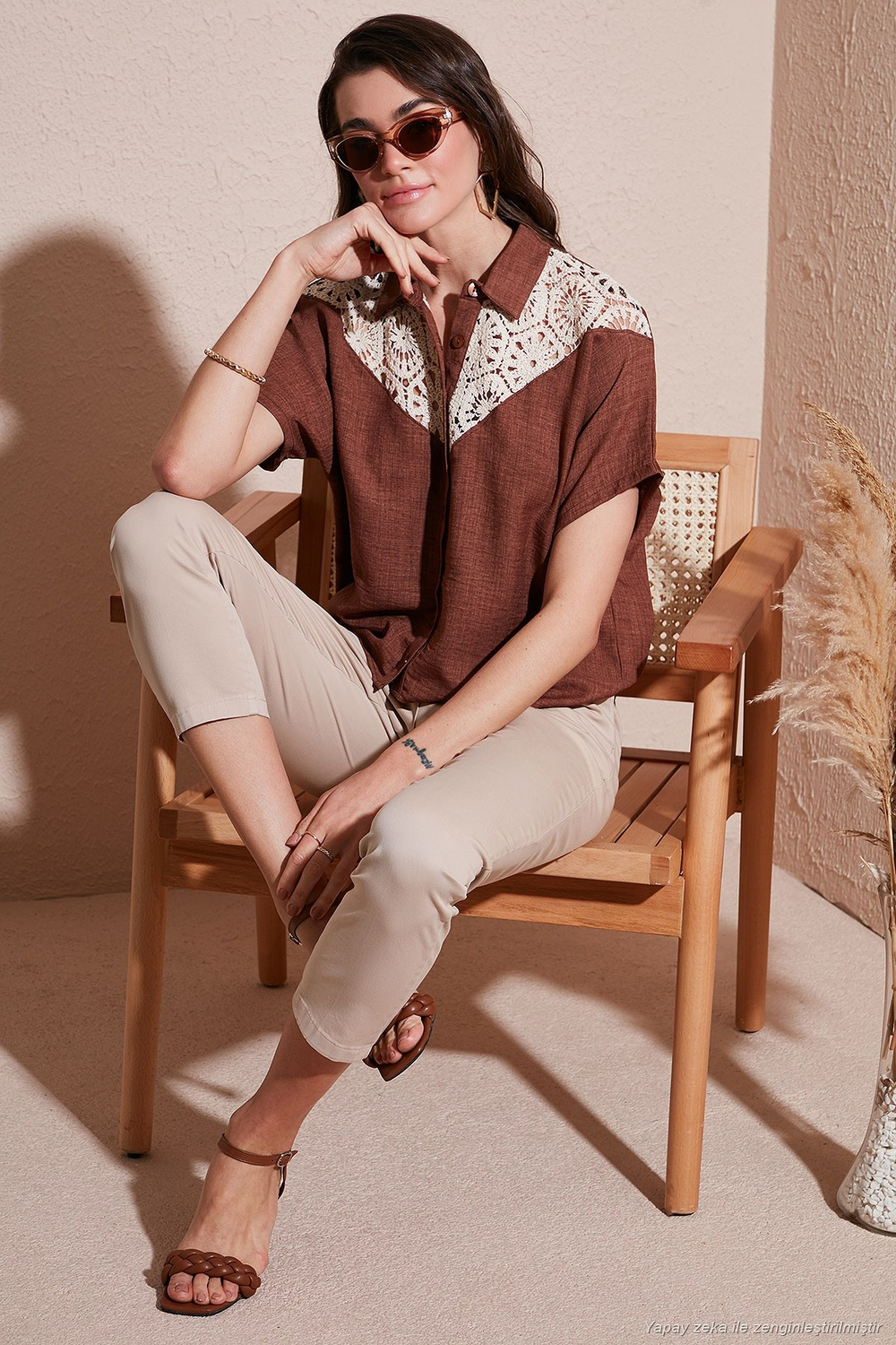 Dantelli Relaxed Fit Kısa Kollu Kadın Gömlek 5865764 KAHVE