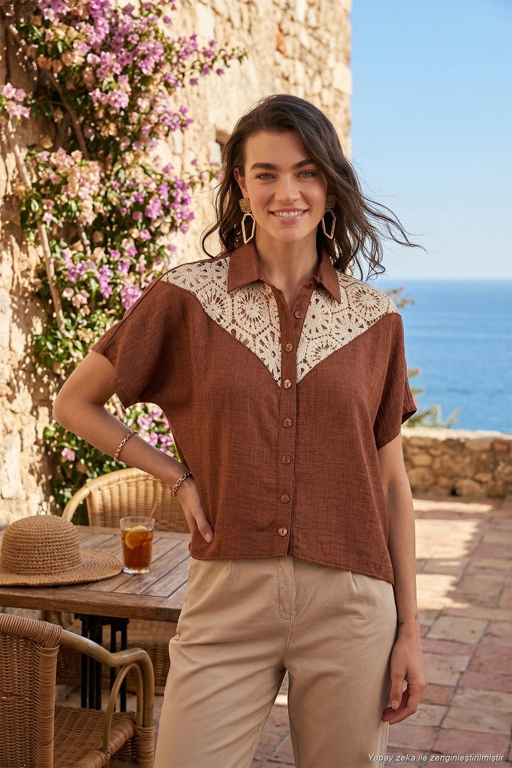 Dantelli Relaxed Fit Kısa Kollu Kadın Gömlek 5865764 KAHVE