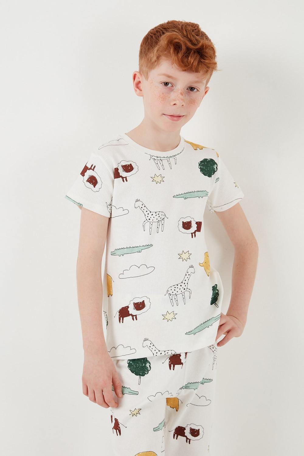 Desenli % 100 Pamuk Bisiklet Yaka Erkek Çocuk Pijama Takımı 6651001 EKRU-HARDAL