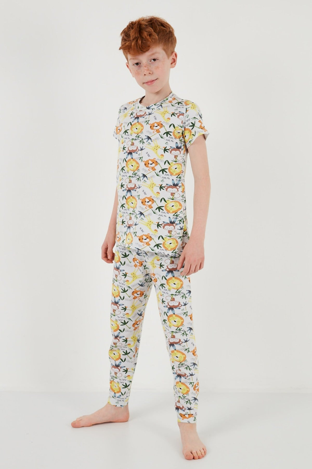 Desenli % 100 Pamuk Bisiklet Yaka Erkek Çocuk Pijama Takımı 6651003 EKRU-SARI