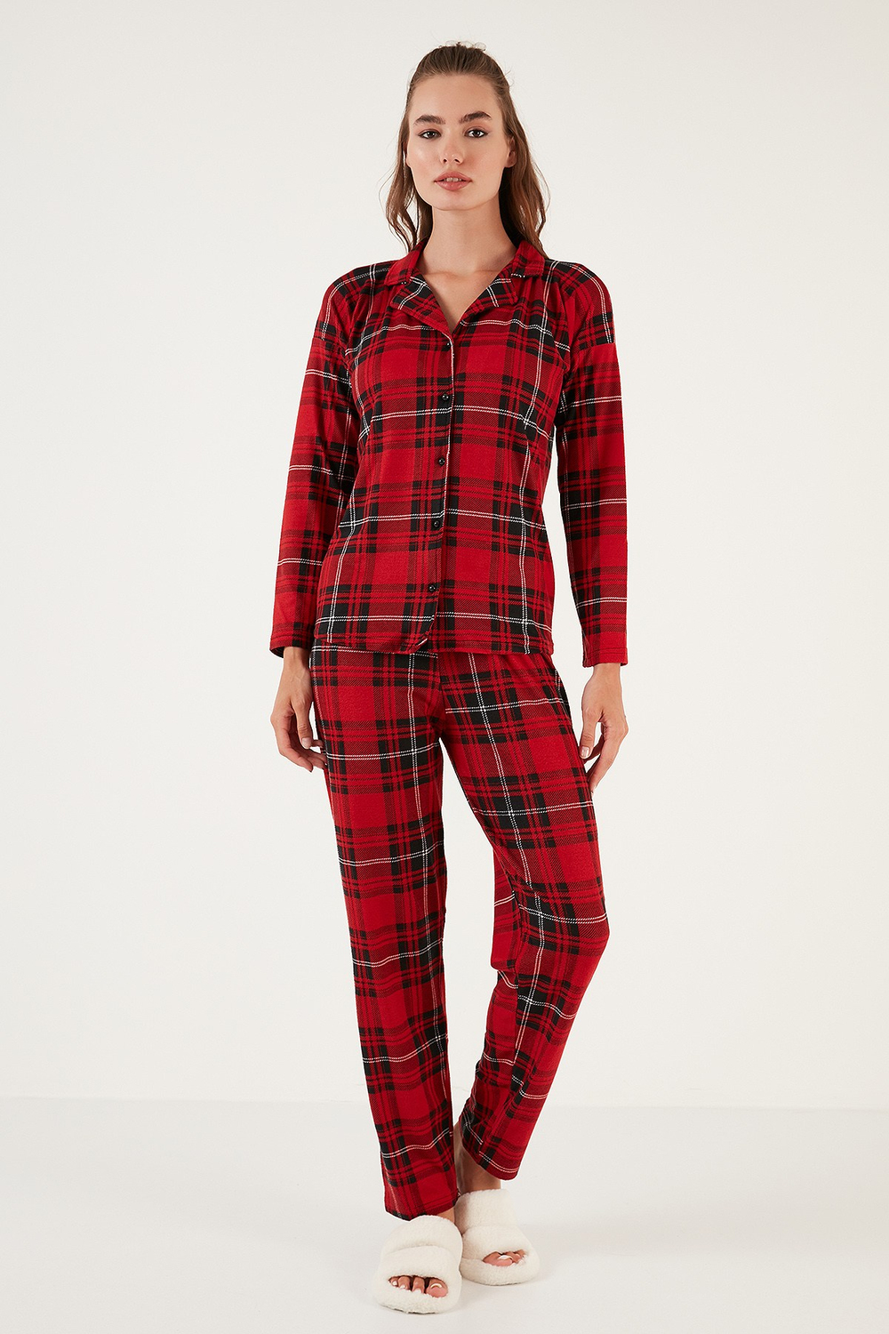 Desenli Beli Lastikli Gömlek Yaka Dokuma Kadın Pijama Takımı 6095660W4 KIRMIZI-SİYAH