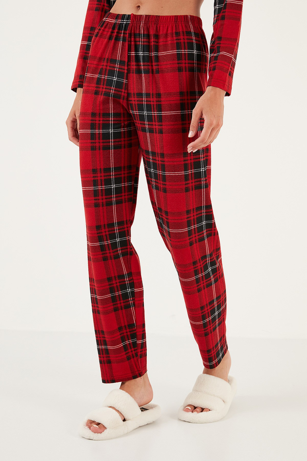 Desenli Beli Lastikli Gömlek Yaka Dokuma Kadın Pijama Takımı 6095660W4 KIRMIZI-SİYAH
