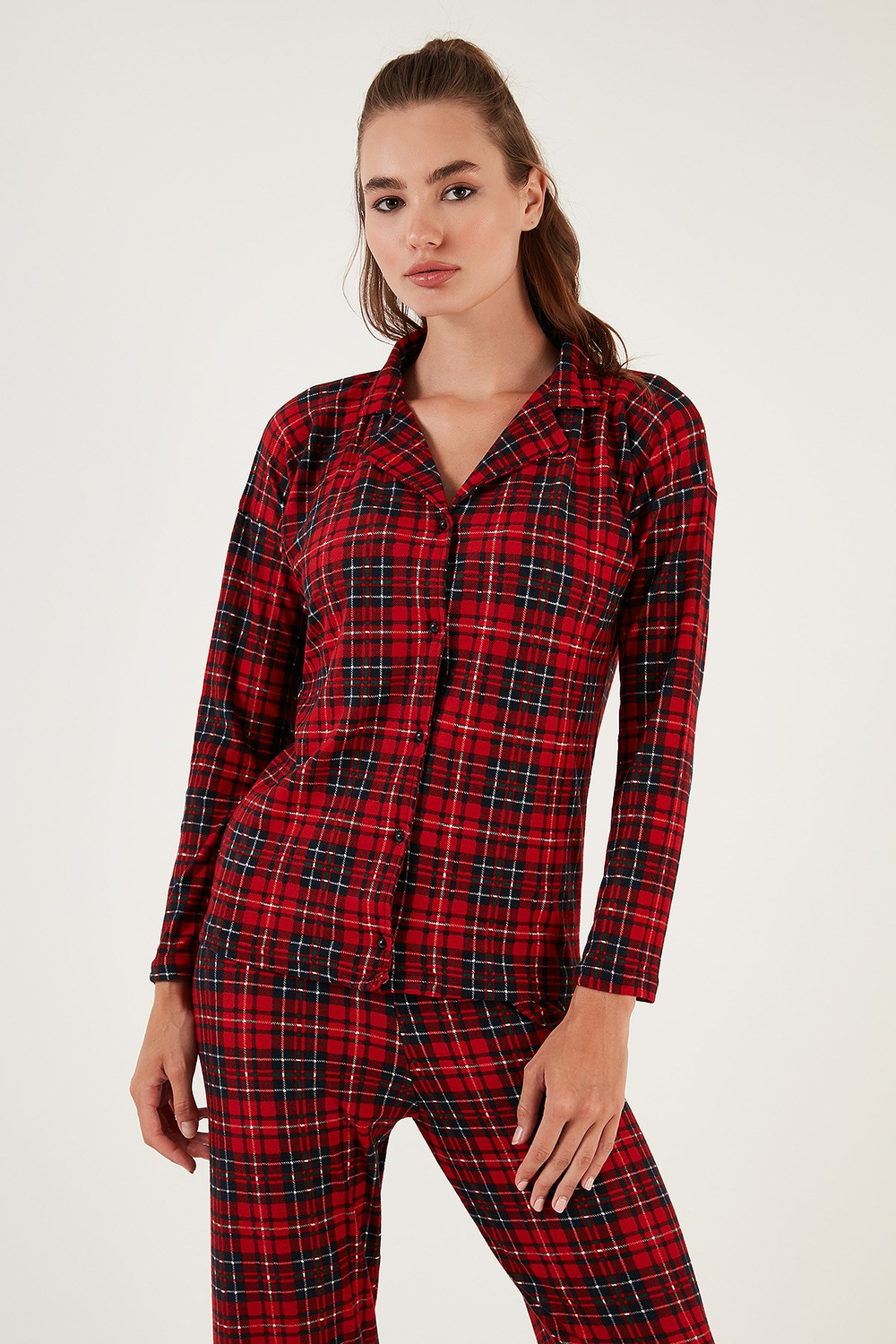 Desenli Beli Lastikli Gömlek Yaka Dokuma Kadın Pijama Takımı 6095660W4 KIRMIZI-LACİVERT