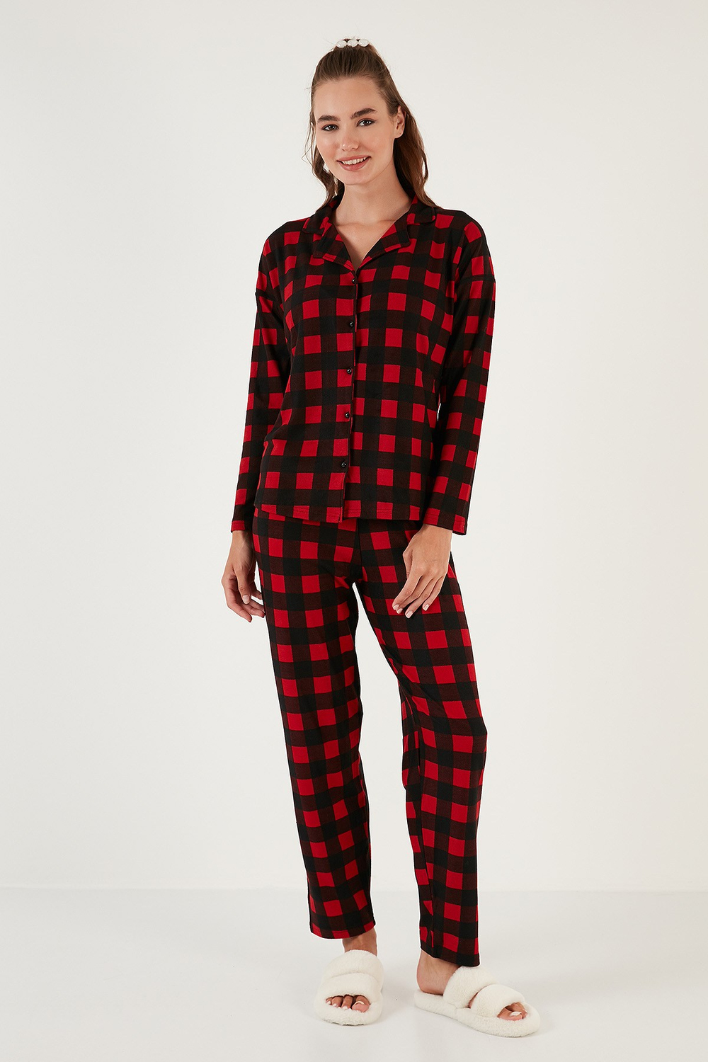 Desenli Beli Lastikli Gömlek Yaka Dokuma Kadın Pijama Takımı 6095660W4 SİYAH