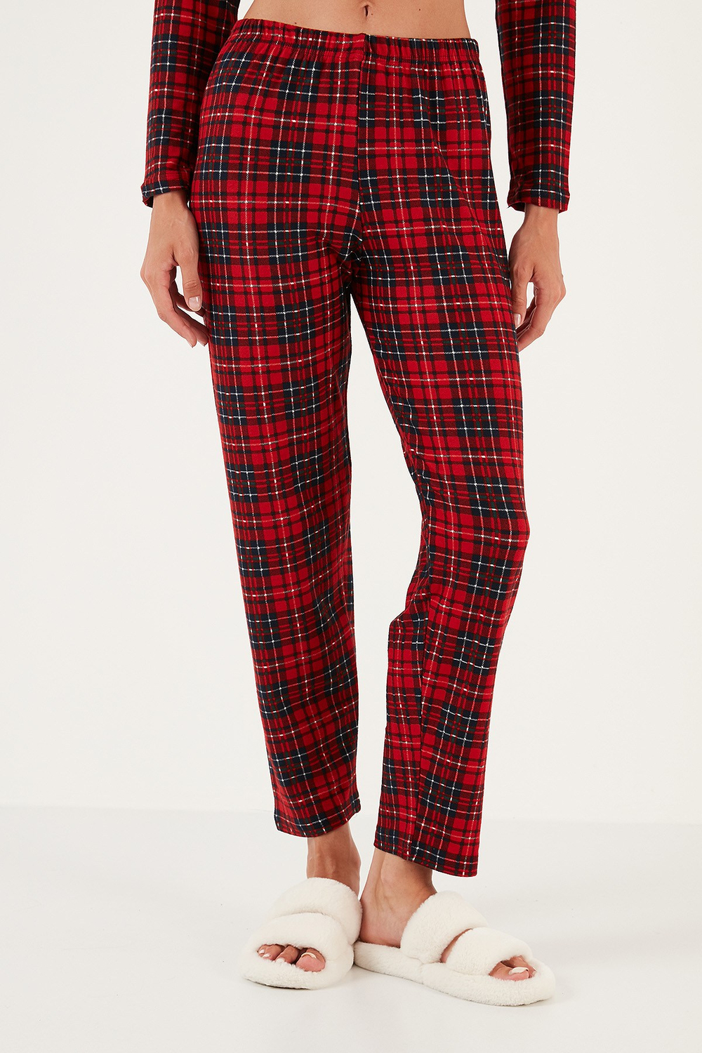 Desenli Beli Lastikli Gömlek Yaka Dokuma Kadın Pijama Takımı 6095660W4 KIRMIZI-LACİVERT