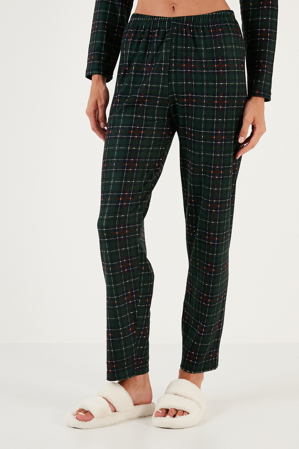 Desenli Beli Lastikli Gömlek Yaka Dokuma Kadın Pijama Takımı 6095660W4 YEŞİL