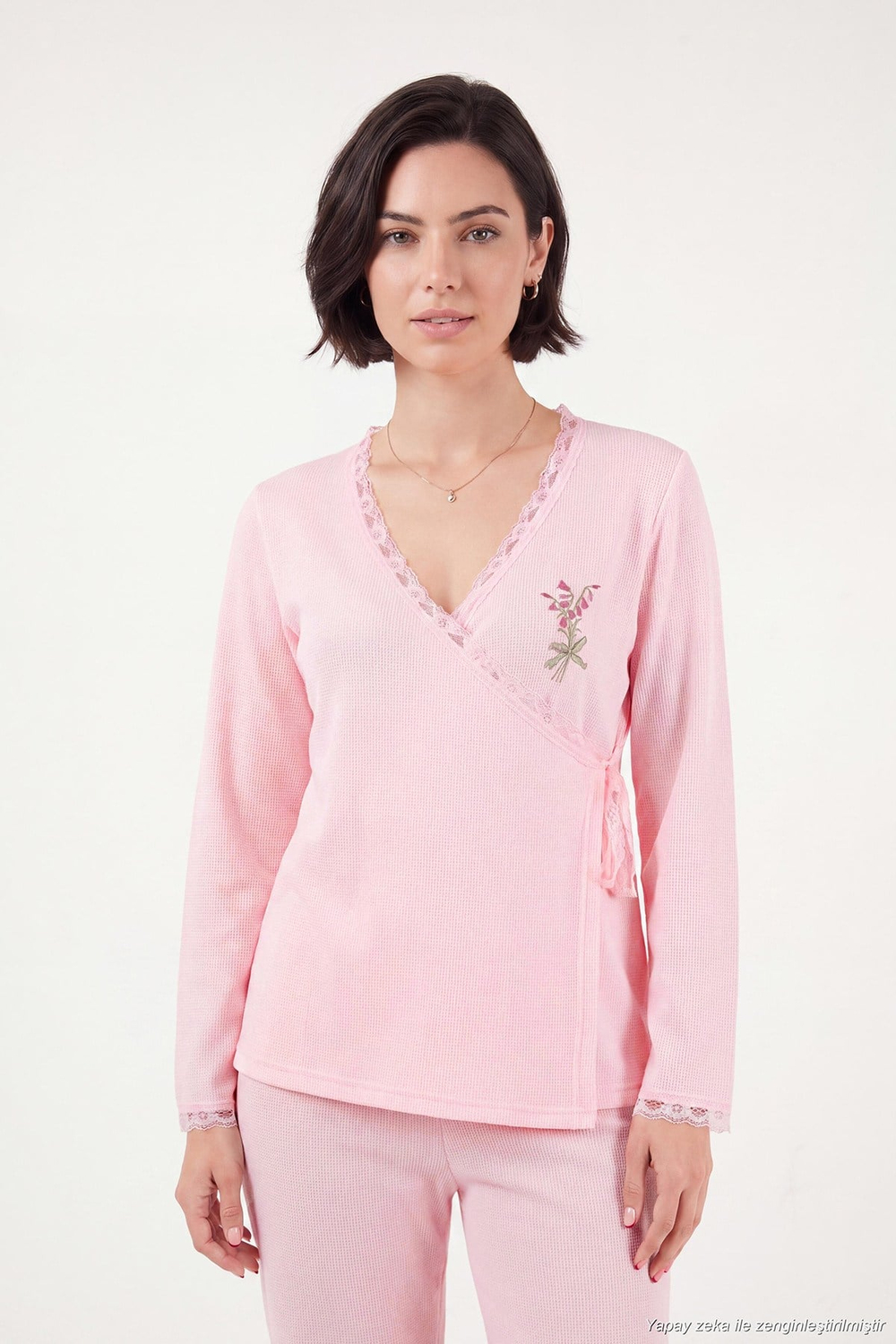 Desenli Dantel Detaylı Bağlamalı Uzun Kollu Kadın Pijama Takımı 6575024 PEMBE