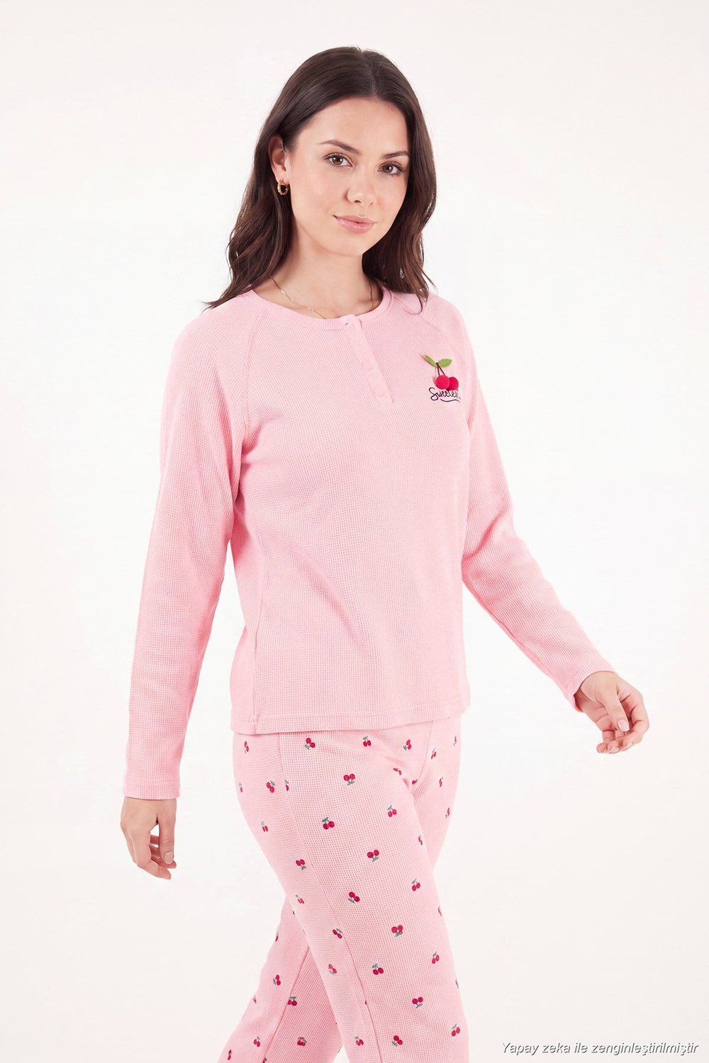 Desenli Düğmeli Bisiklet Yaka Uzun Kollu Kadın Pijama Takımı 6575021 PEMBE