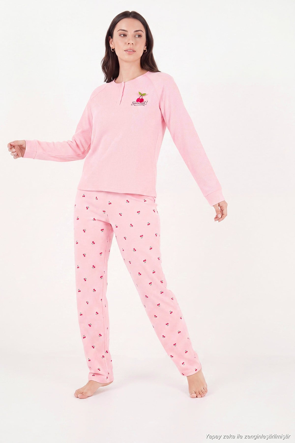 Desenli Düğmeli Bisiklet Yaka Uzun Kollu Kadın Pijama Takımı 6575021 PEMBE