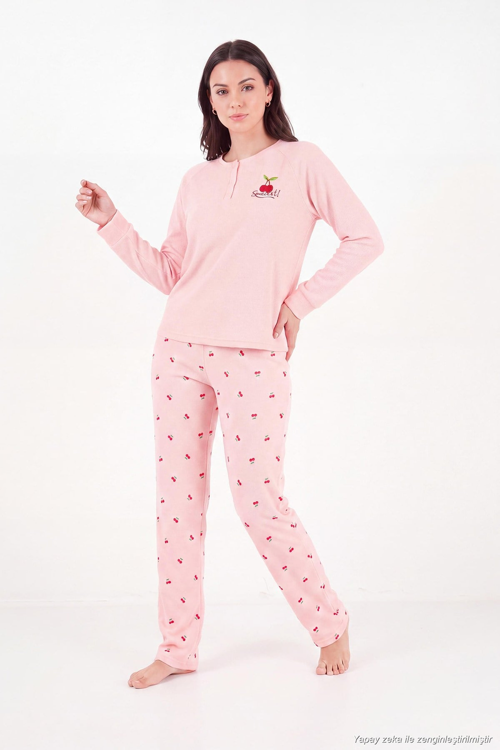 Desenli Düğmeli Bisiklet Yaka Uzun Kollu Kadın Pijama Takımı 6575021 PEMBE