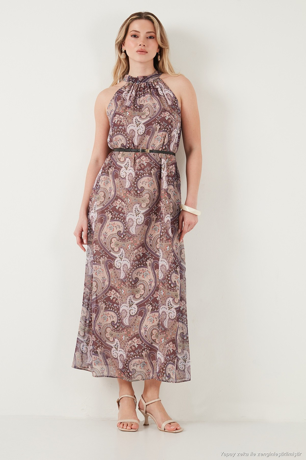 Desenli Halter Yaka Kolsuz Kemerli Maxi Şifon Kadın Elbise 6525724 LİLA