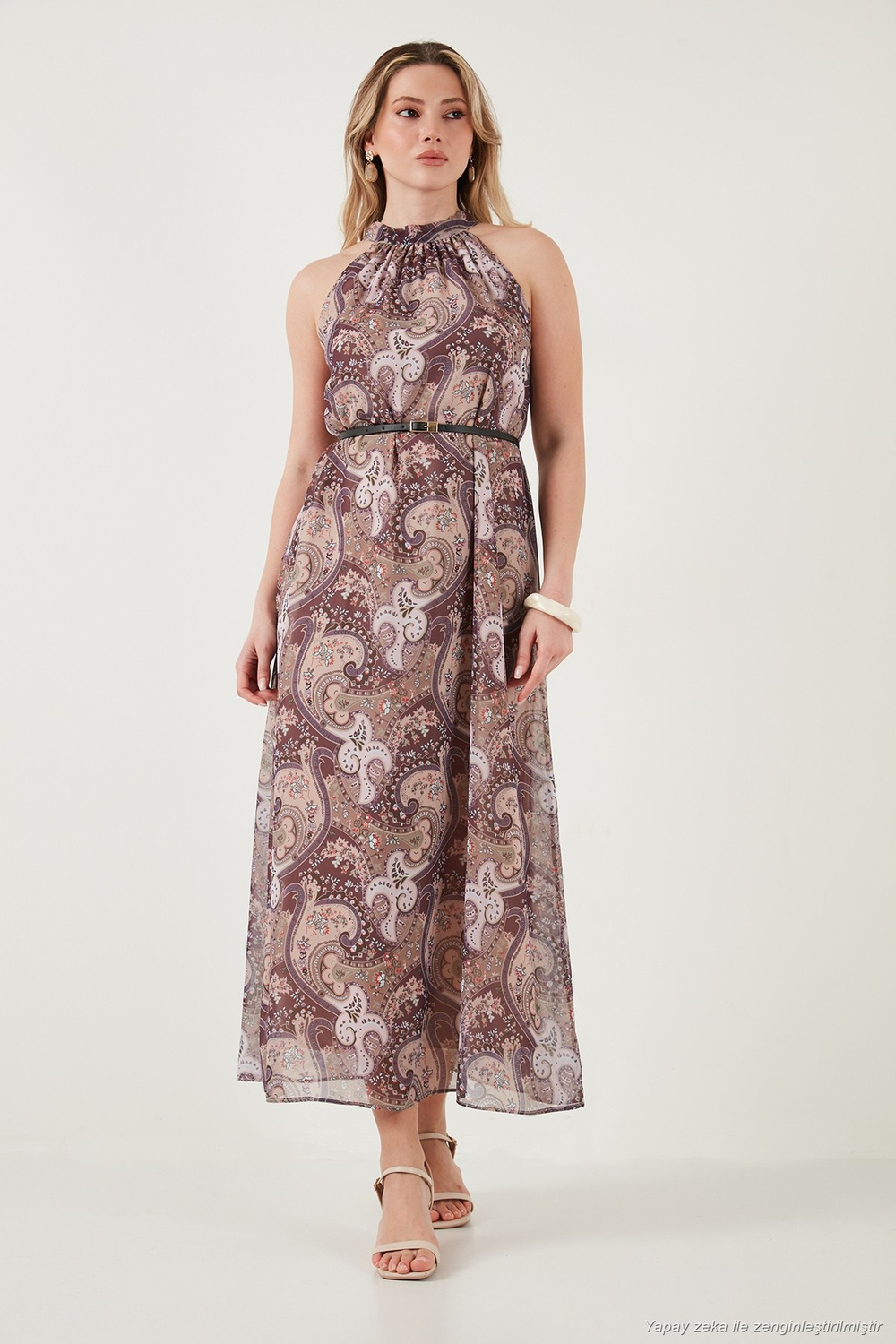 Desenli Halter Yaka Kolsuz Kemerli Maxi Şifon Kadın Elbise 6525724 LİLA