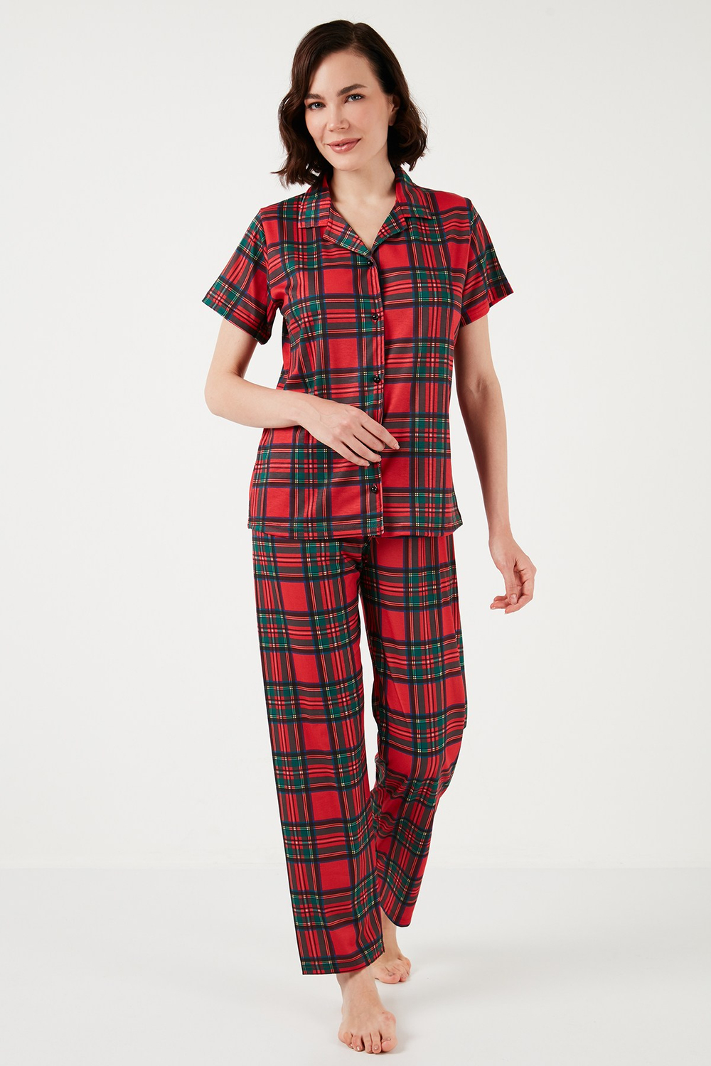 Desenli Kısa Kollu Beli Lastikli Gömlek Yaka Dokuma Regular Fit Kadın Pijama Takımı 6571010 KIRMIZI-SİYAH