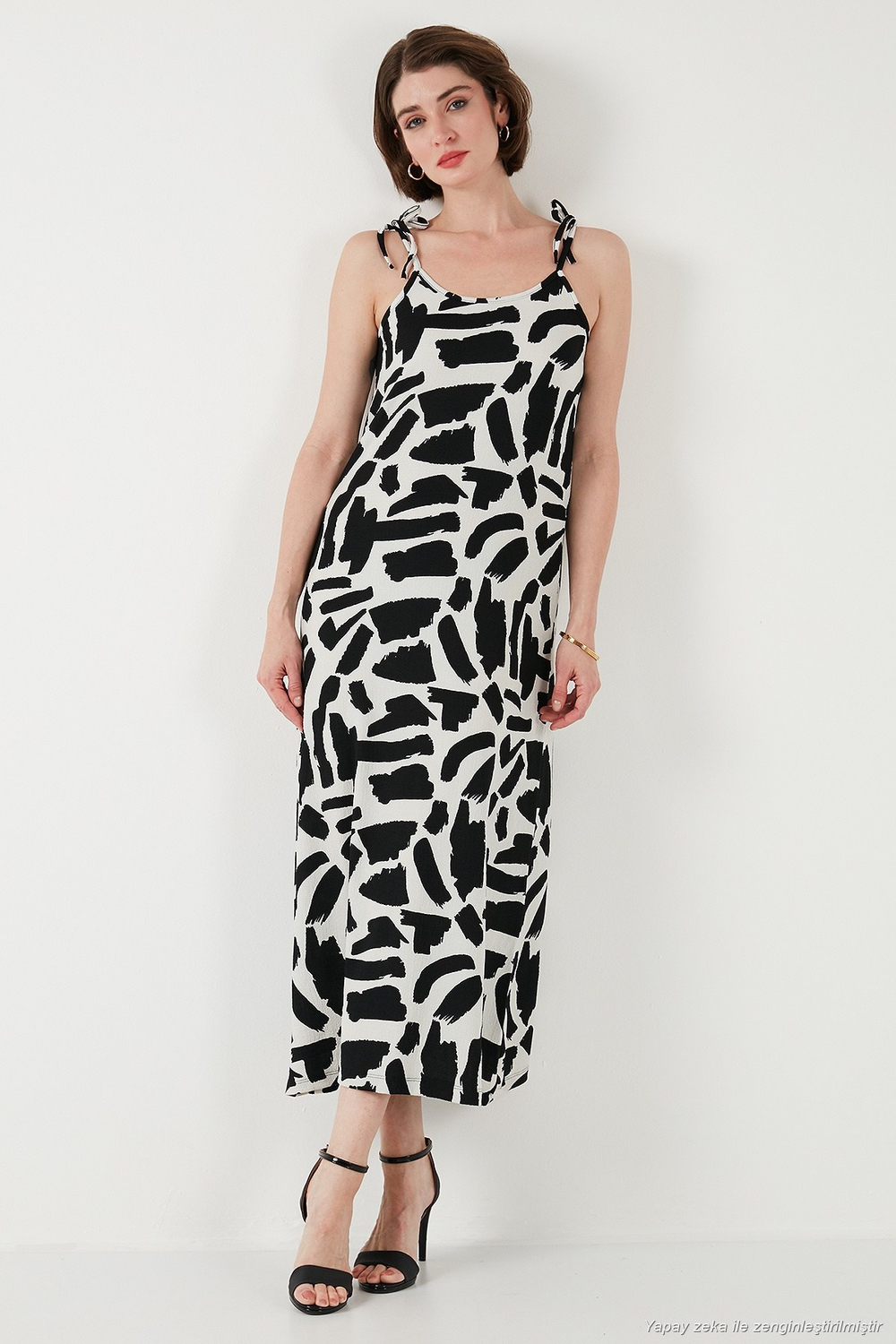 Desenli Midi Boy Oversize Fit Bağlamalı İp Askılı Bisiklet Yaka Kadın Elbise 5869009 SİYAH