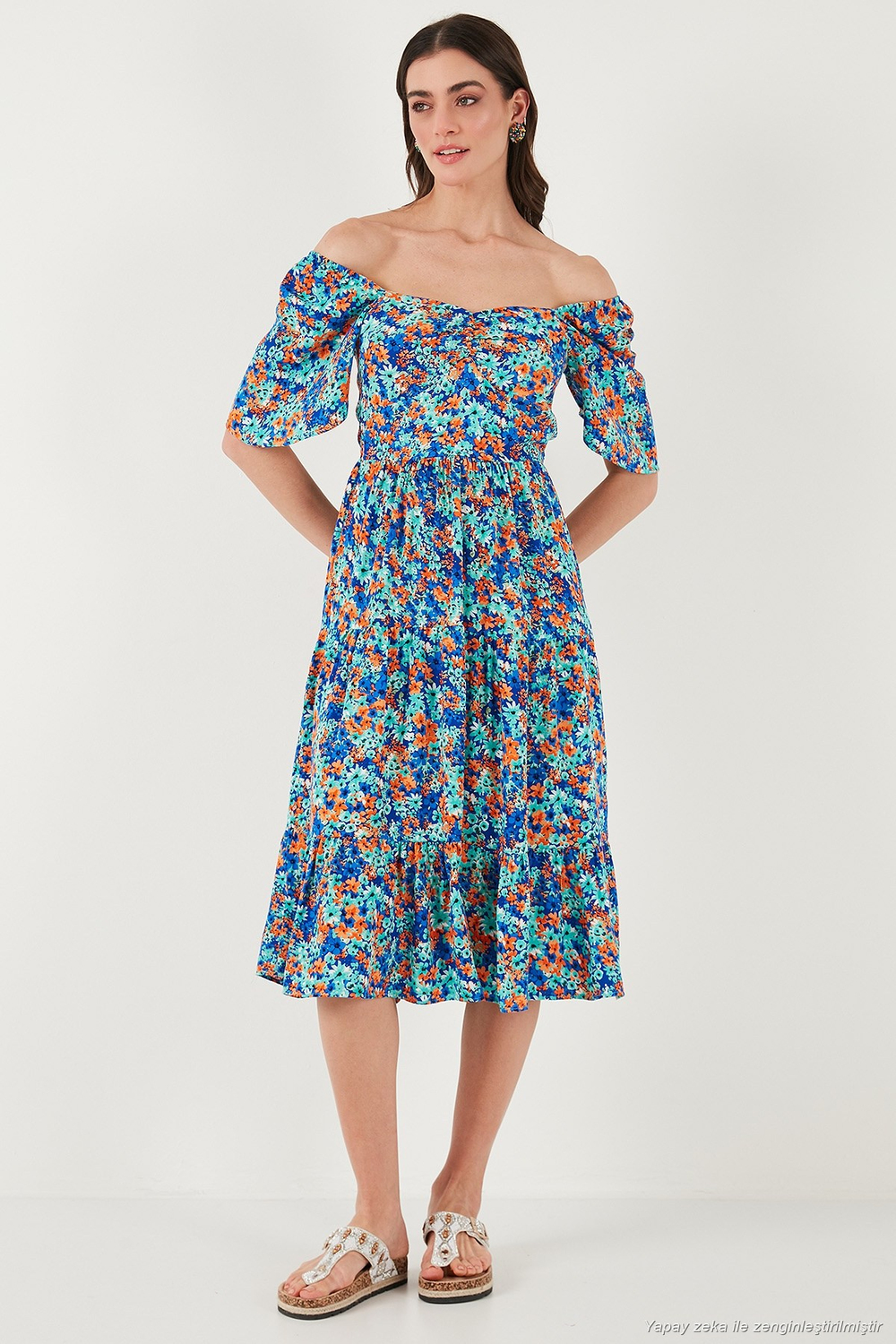 Desenli Oversize Fit Carmen Yaka Büzgü Detaylı Midi Boy Kadın Elbise 67810557 SAKS