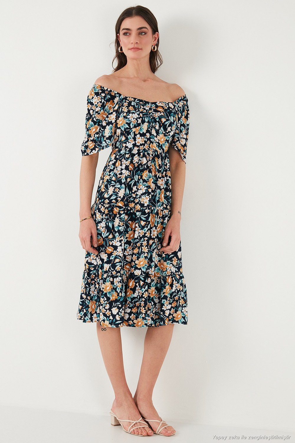Desenli Oversize Fit Carmen Yaka Büzgü Detaylı Midi Boy Kadın Elbise 6782169 LACİVERT
