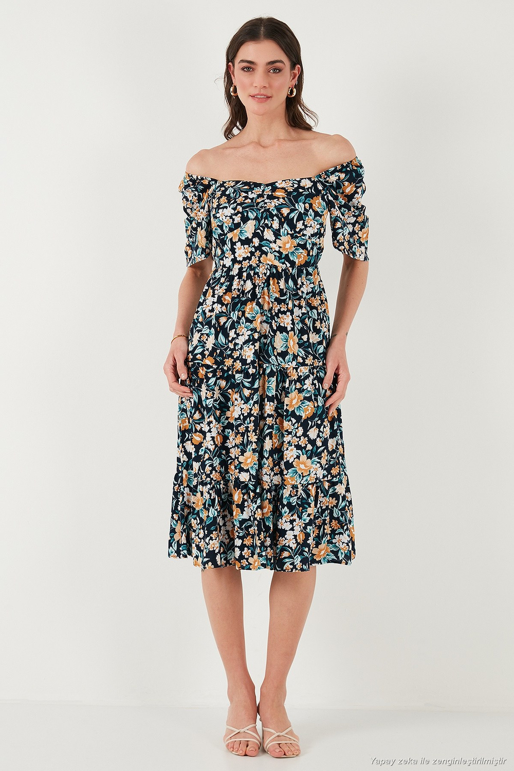 Desenli Oversize Fit Carmen Yaka Büzgü Detaylı Midi Boy Kadın Elbise 6782169 LACİVERT