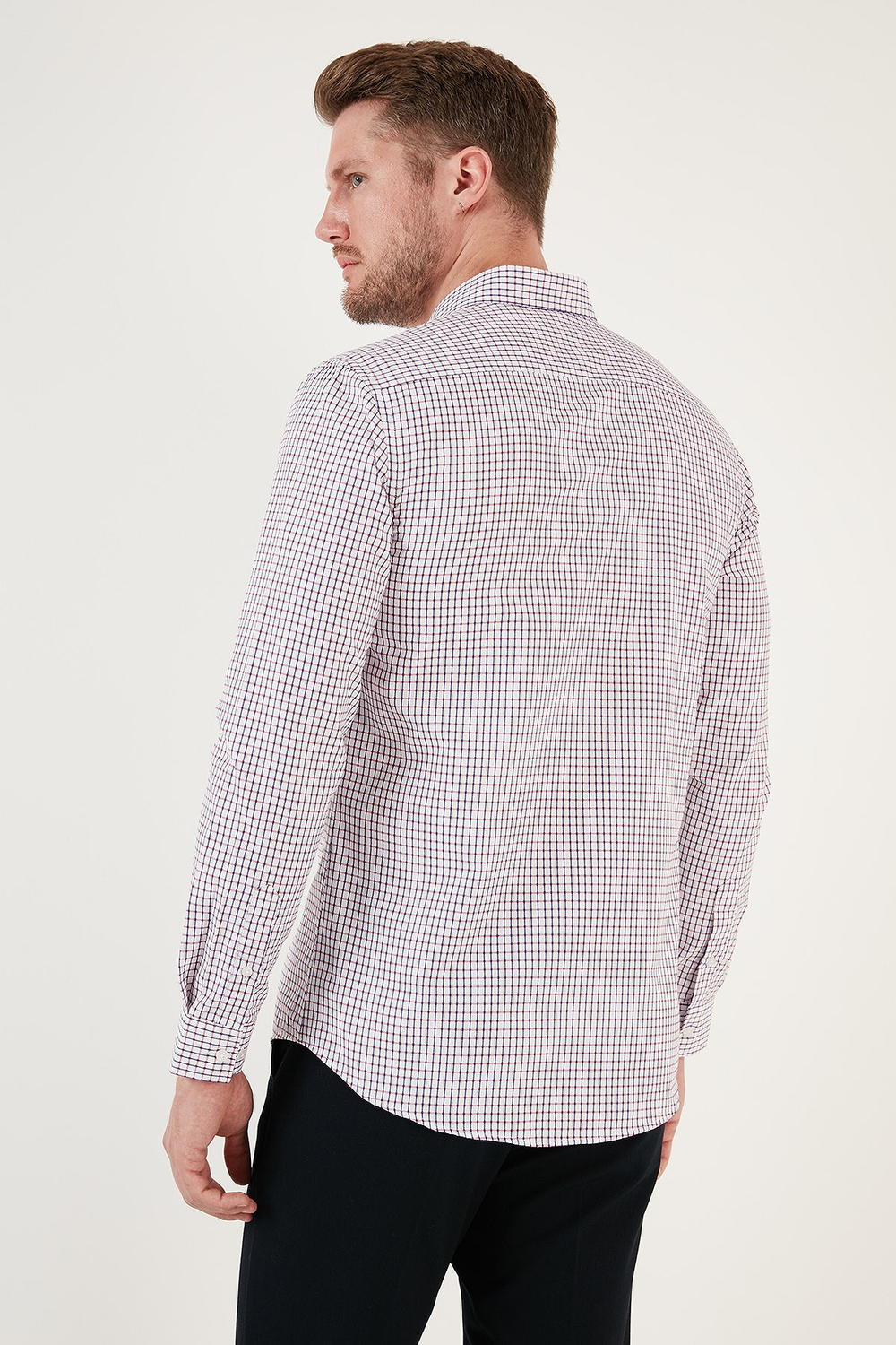 Desenli Pamuk Karışımlı Düğmeli Yaka Uzun Kollu Slim Fit Erkek Gömlek CF23S7496 LACİVERT-KIRMIZI