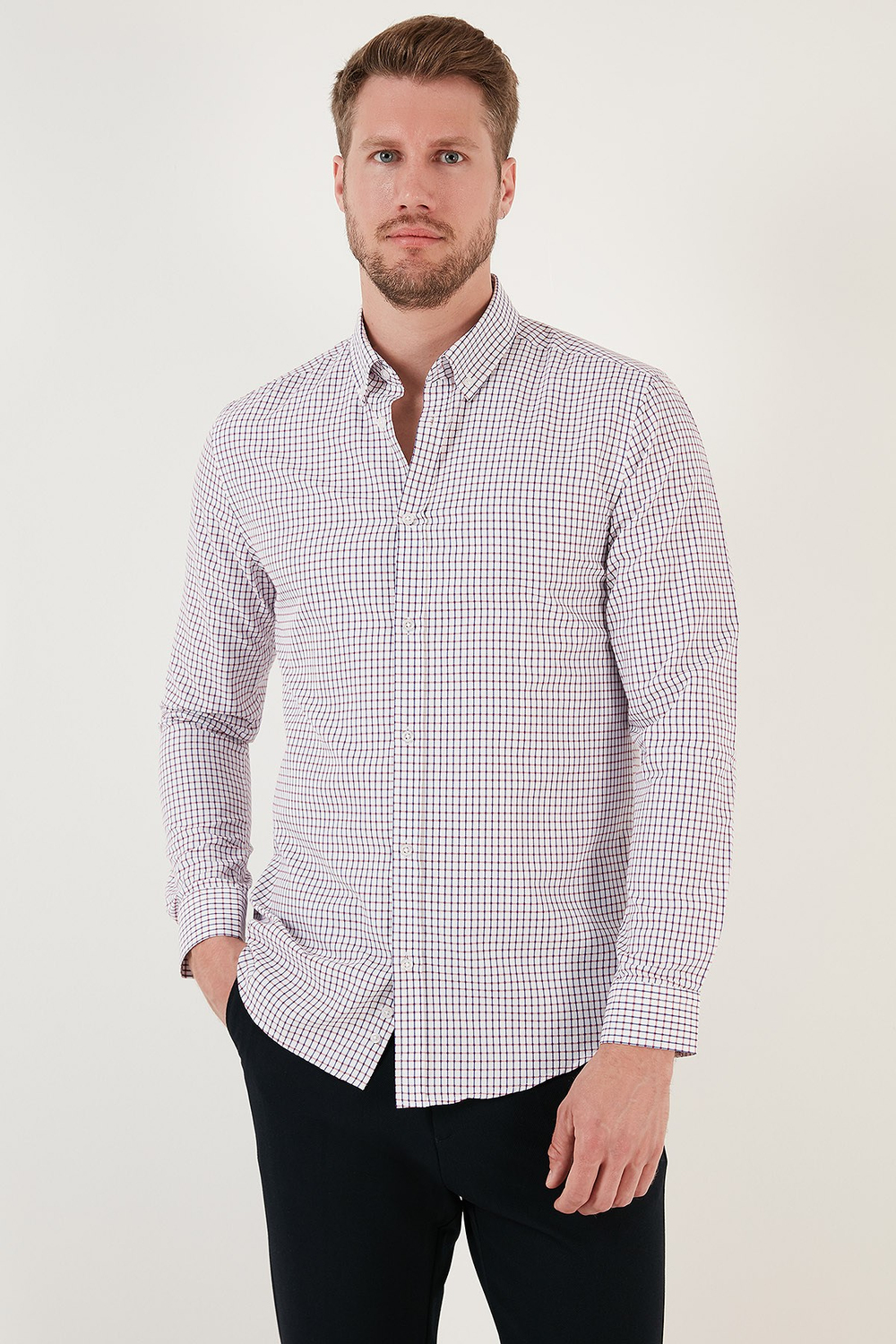 Desenli Pamuk Karışımlı Düğmeli Yaka Uzun Kollu Slim Fit Erkek Gömlek CF23S7496 LACİVERT-KIRMIZI