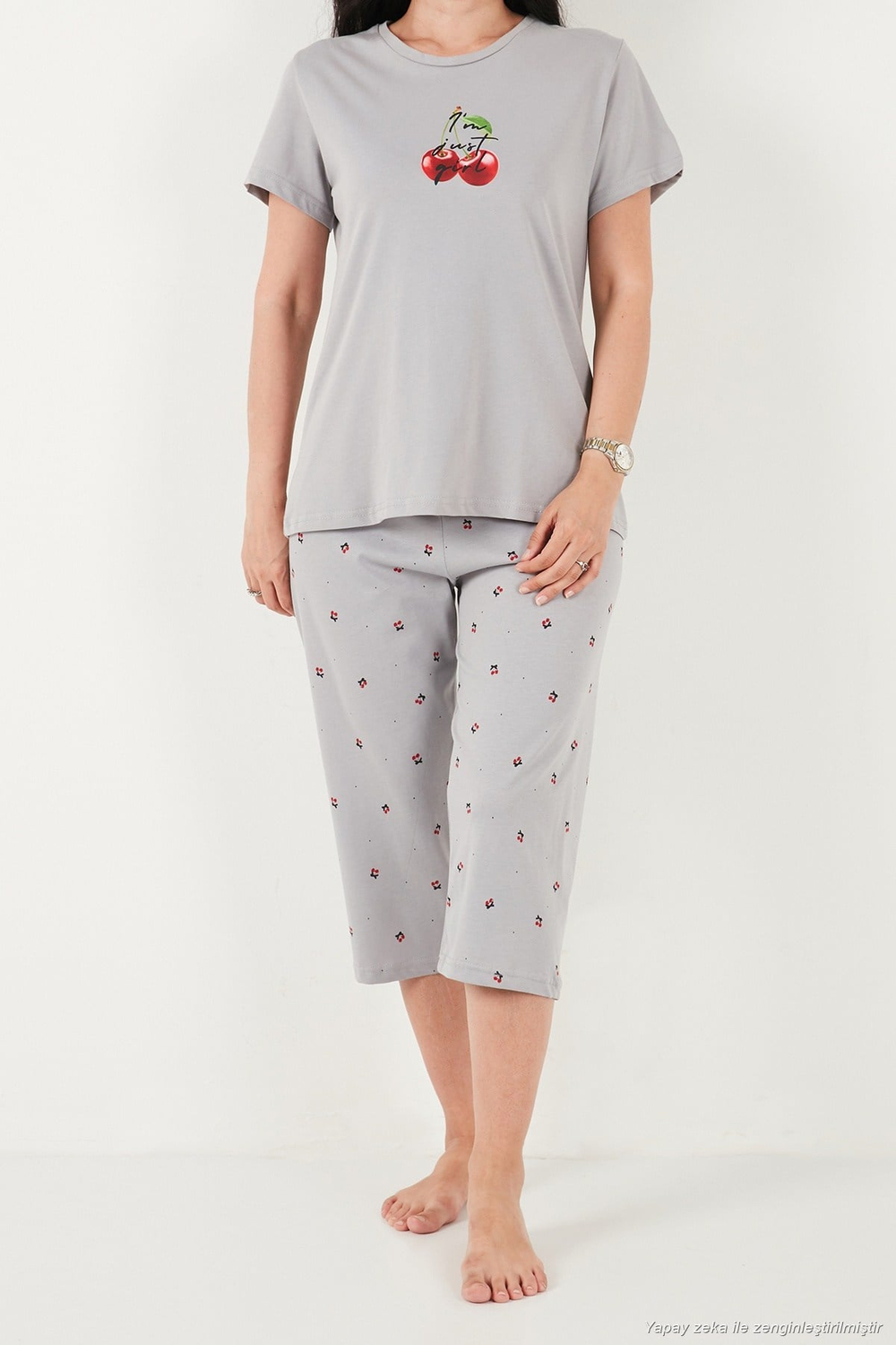 Desenli Pamuklu Bisiklet Yaka Kaprili Kadın Pijama Takımı 65790787 GRİ