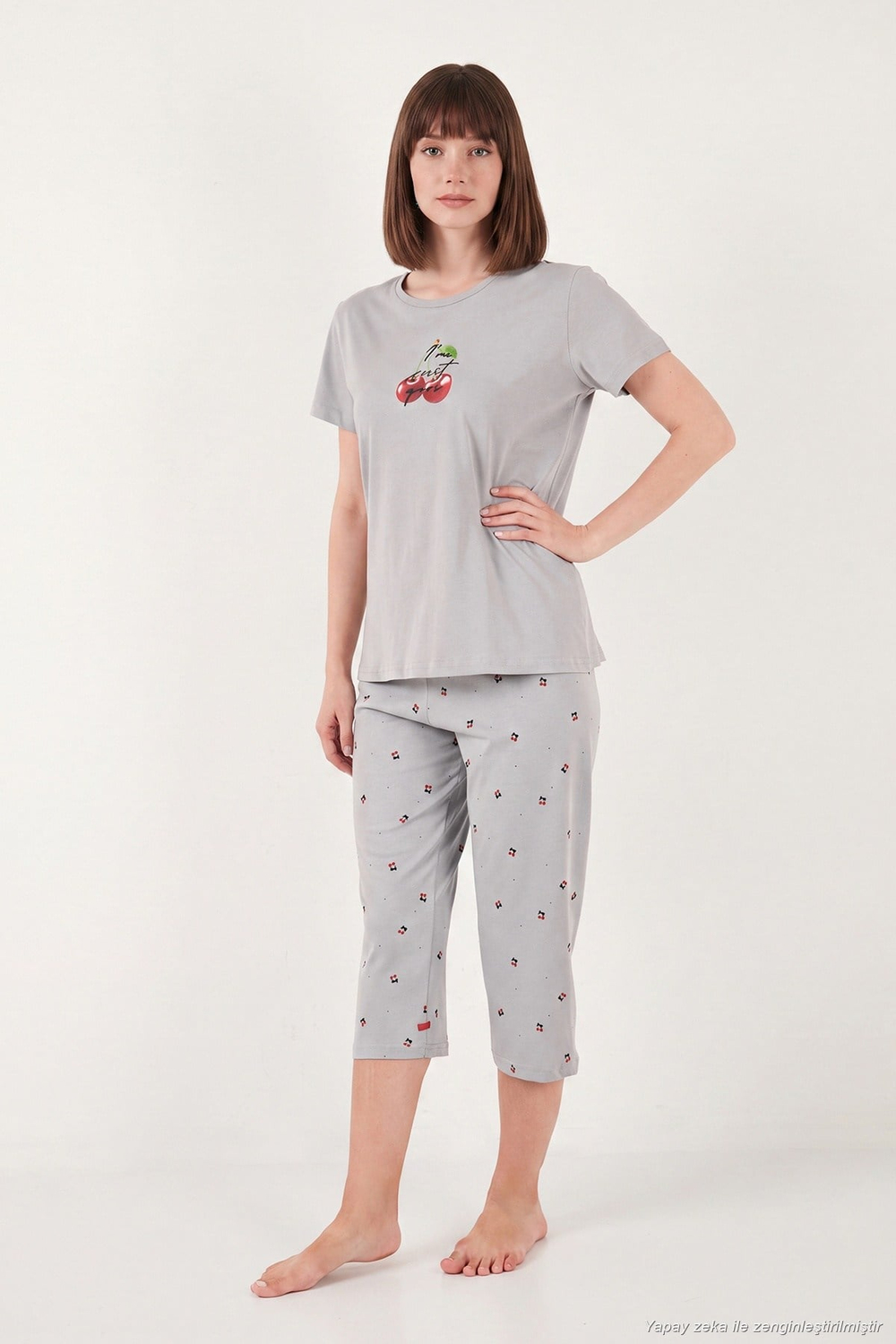 Desenli Pamuklu Bisiklet Yaka Kaprili Kadın Pijama Takımı 65790787 GRİ