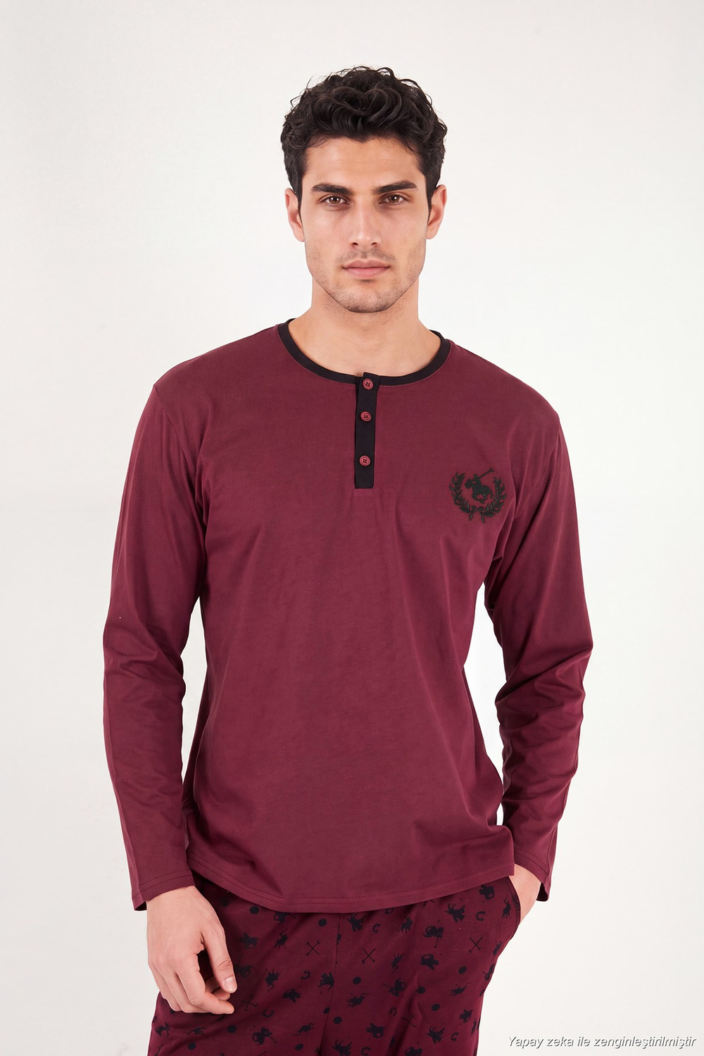Desenli Pamuklu Düğmeli Bisiklet Yaka Erkek Pijama Takımı 6575002 BORDO