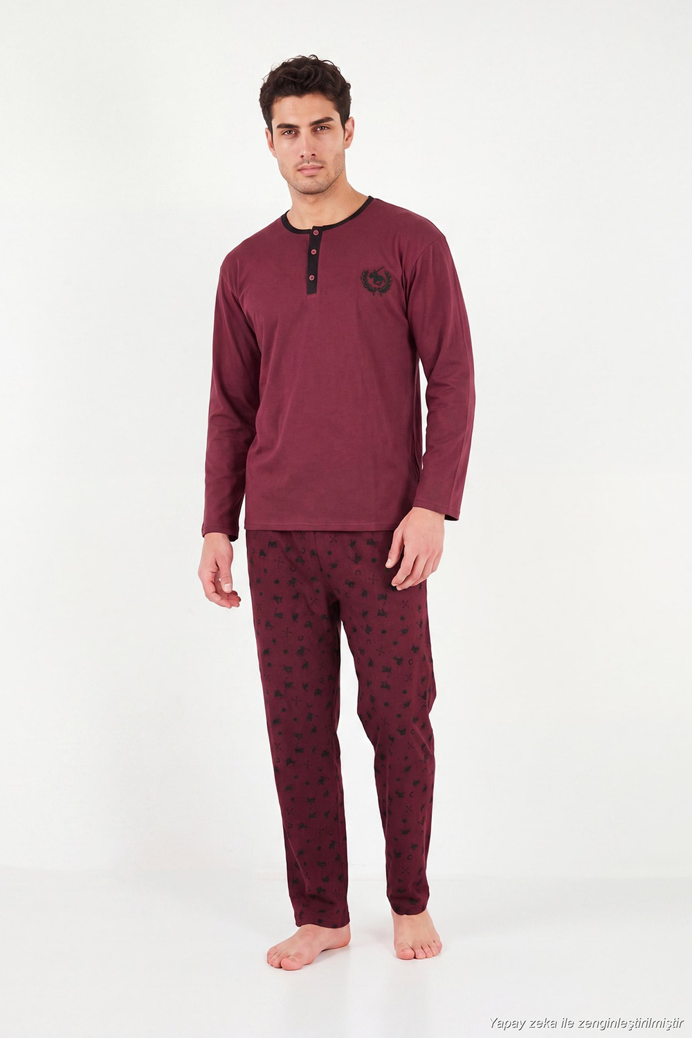 Desenli Pamuklu Düğmeli Bisiklet Yaka Erkek Pijama Takımı 6575002 BORDO