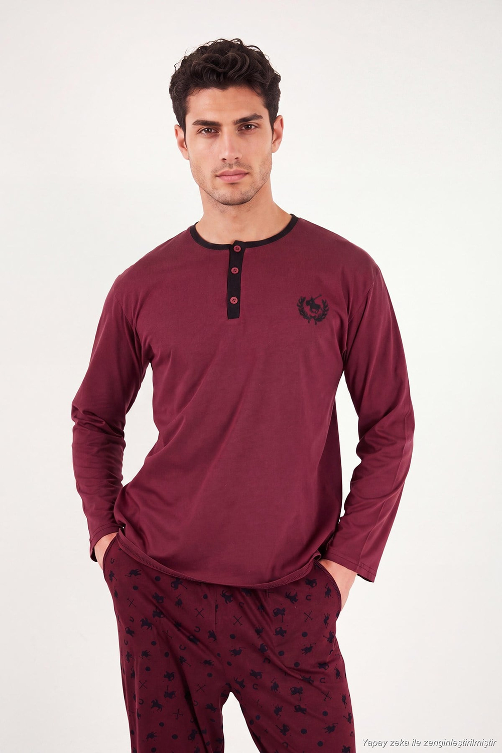 Desenli Pamuklu Düğmeli Bisiklet Yaka Erkek Pijama Takımı 6575002 BORDO