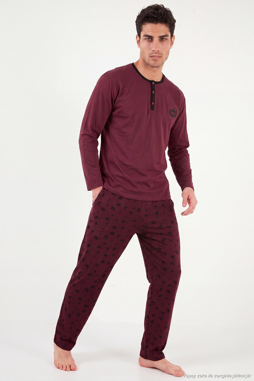 Desenli Pamuklu Düğmeli Bisiklet Yaka Erkek Pijama Takımı 6575002 BORDO
