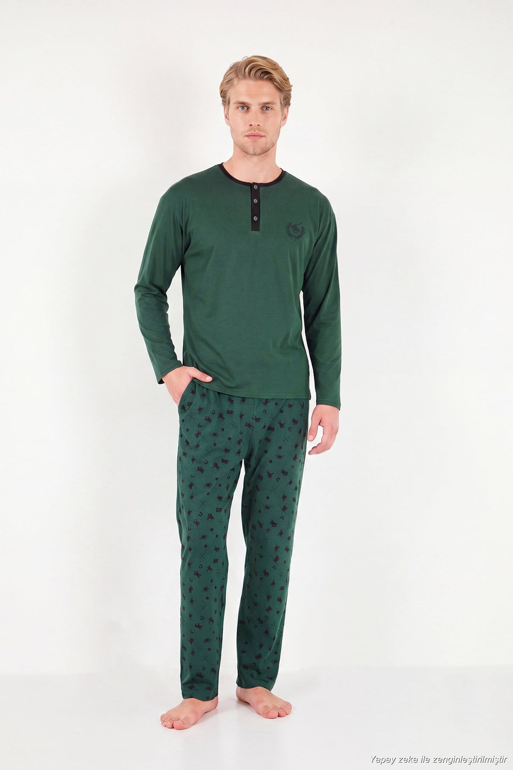Desenli Pamuklu Düğmeli Bisiklet Yaka Erkek Pijama Takımı 6575002 YEŞİL