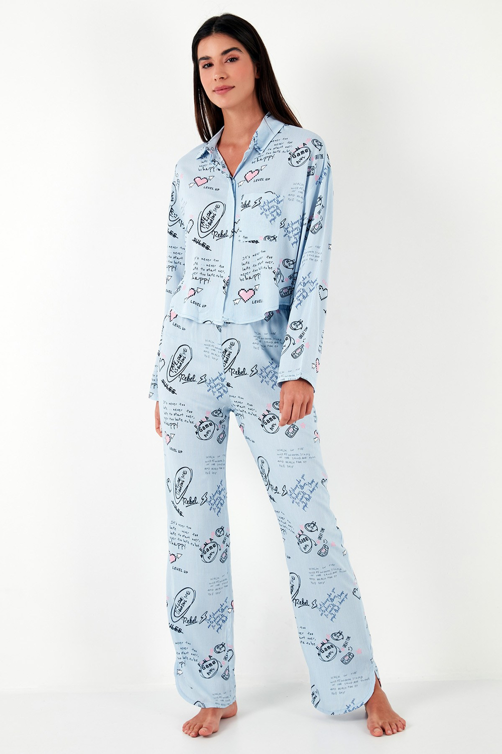 Desenli Rahat Kesim Bol Paça Yazlık Kadın Pijama Takımı 6110014 AÇIK MAVİ