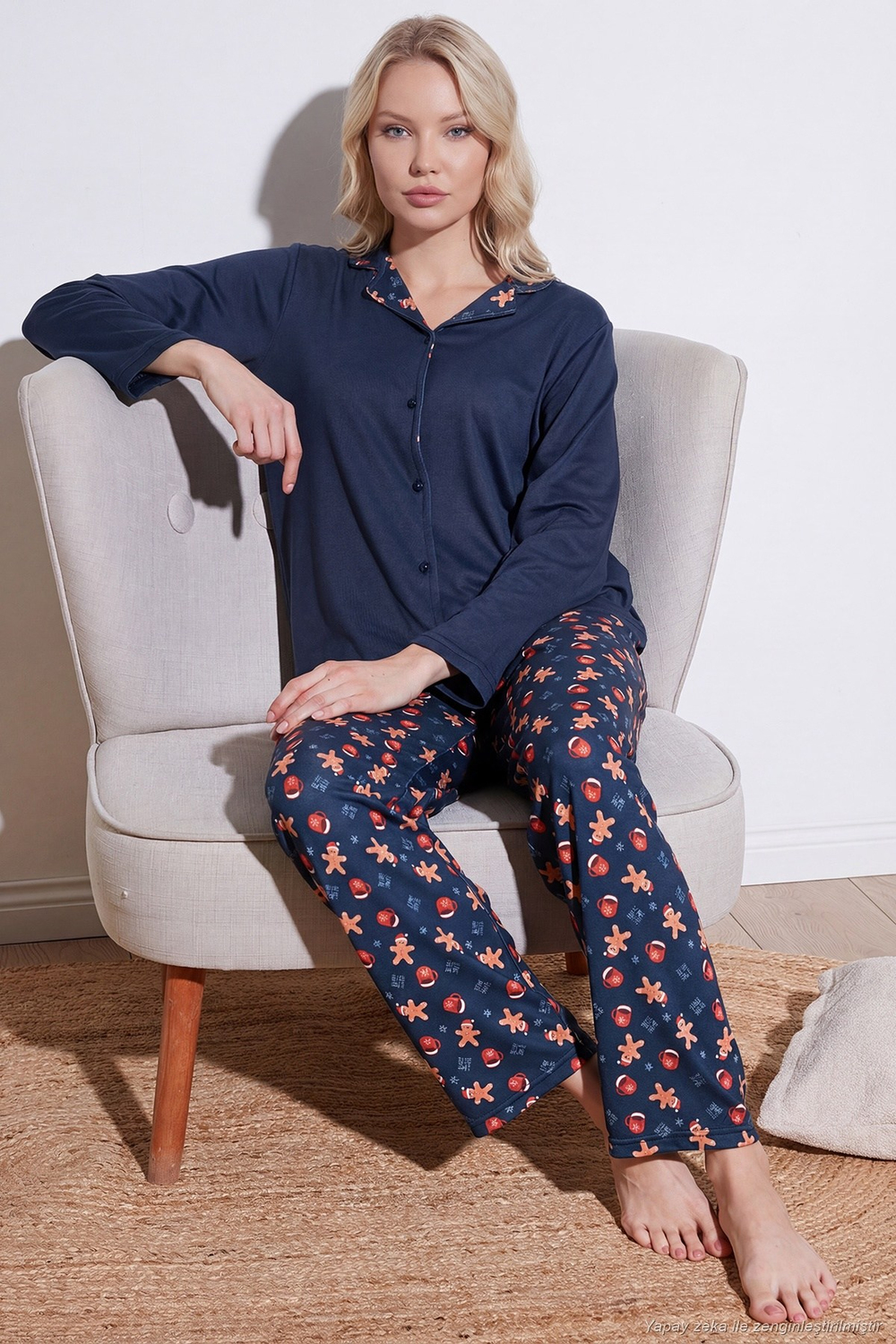 Desenli Regular Fit Apaş Yaka Beli Lastikli Bol Paça Kadın Pijama Takımı 65714300 LACİVERT