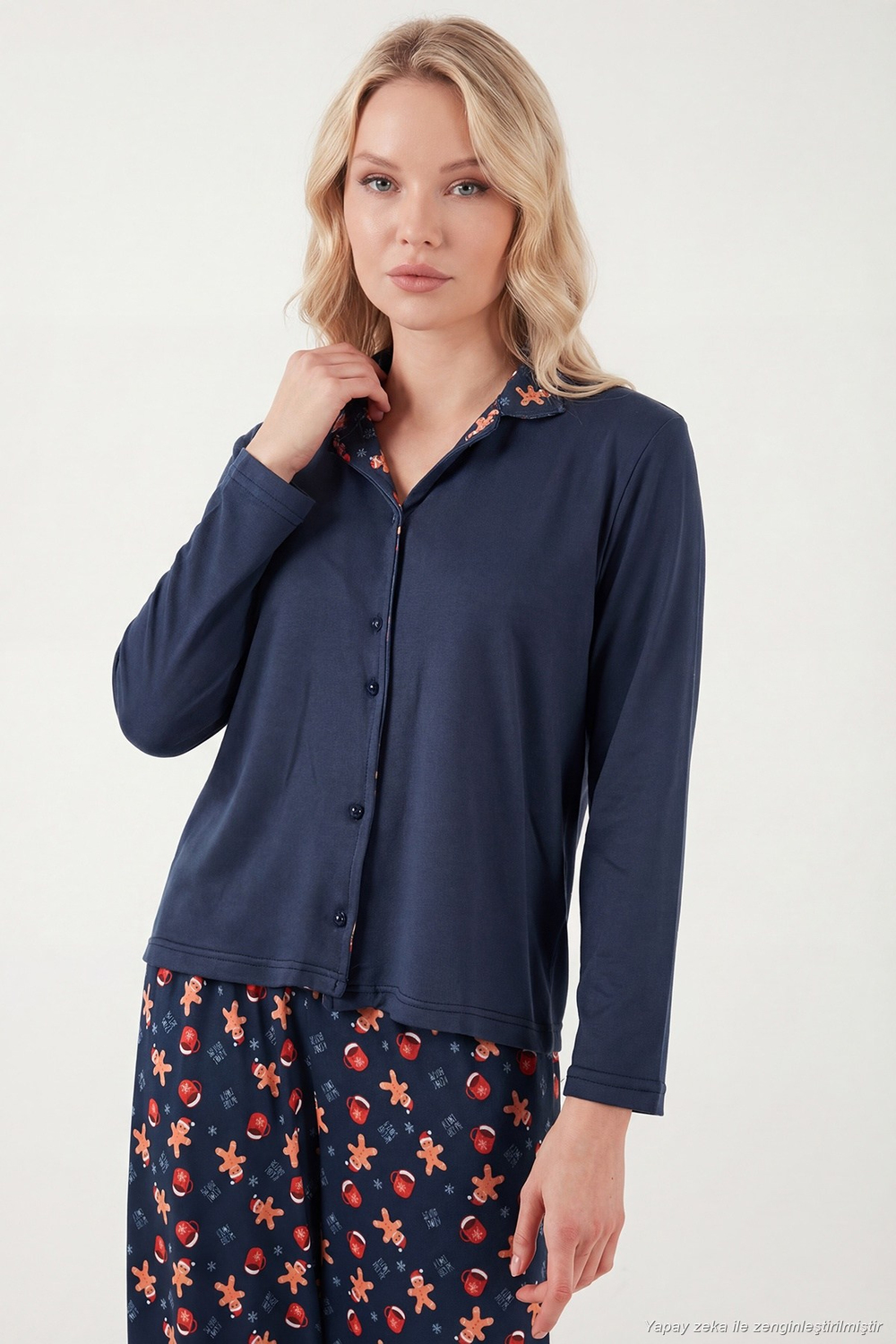 Desenli Regular Fit Apaş Yaka Beli Lastikli Bol Paça Kadın Pijama Takımı 65714300 LACİVERT