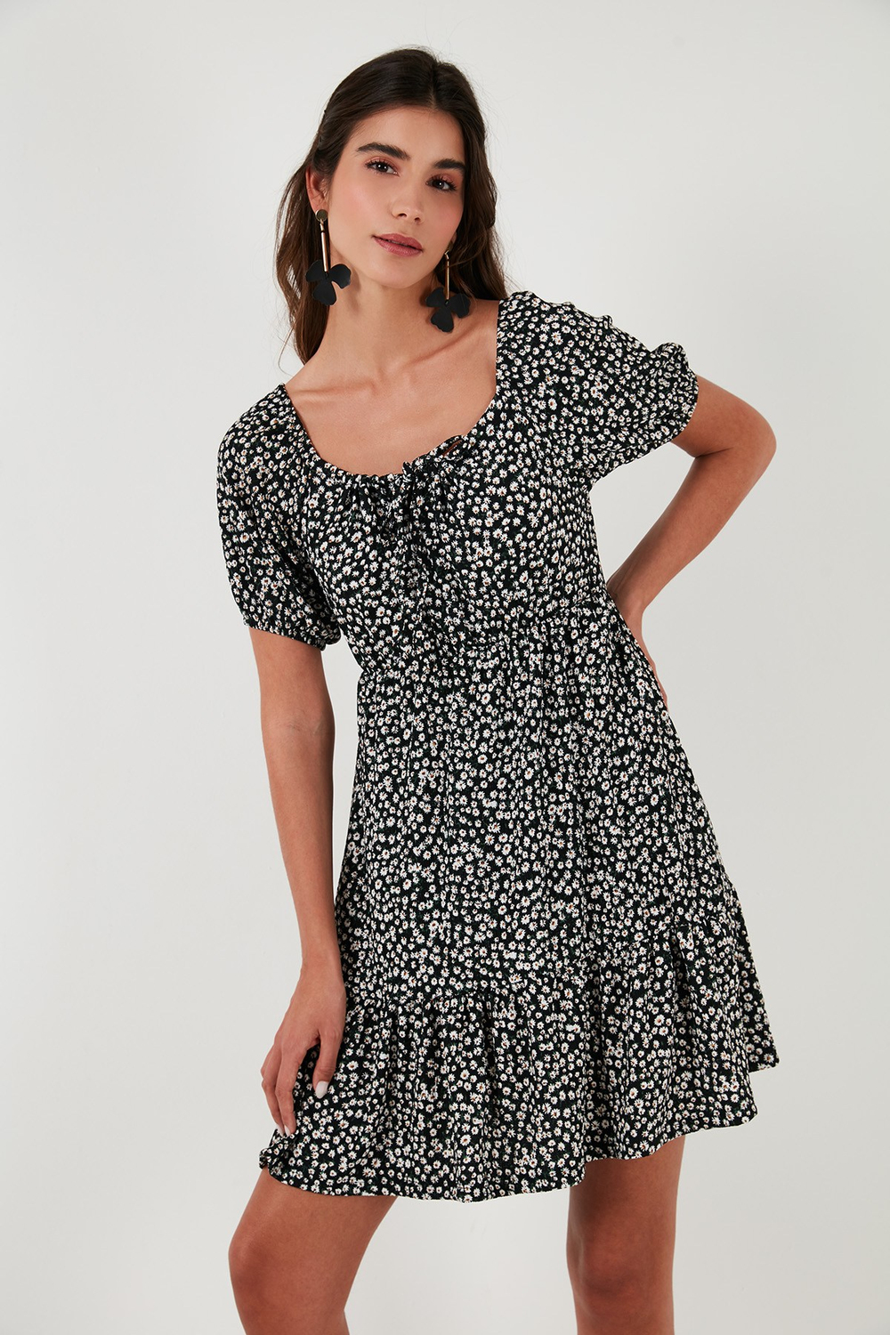 Desenli Slim Fit Carmen Yaka Mini Kadın Elbise 5865620 SİYAH