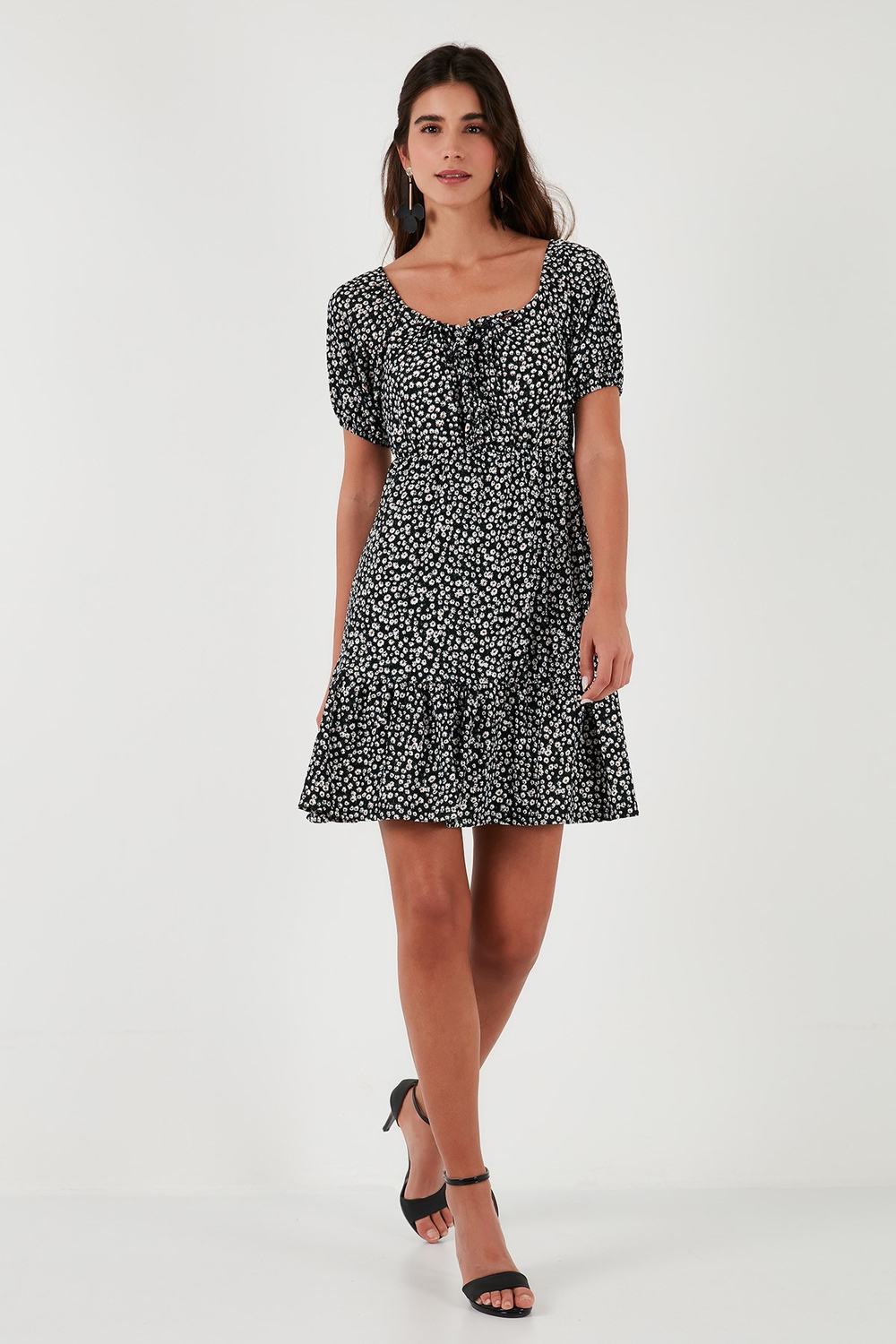 Desenli Slim Fit Carmen Yaka Mini Kadın Elbise 5865620 SİYAH