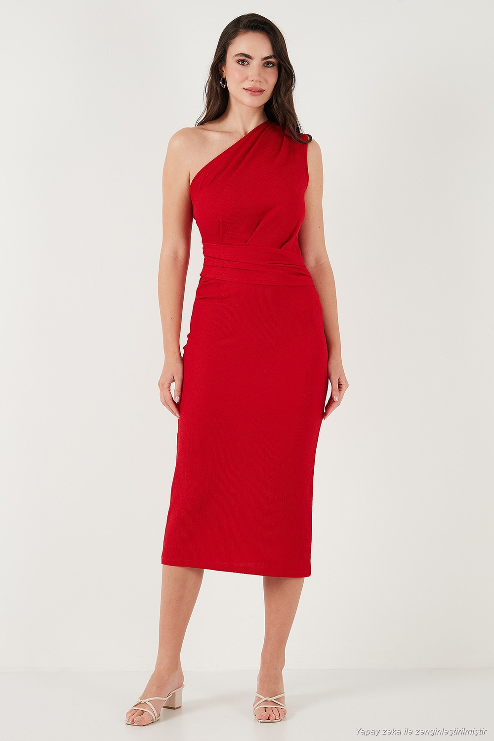 Desenli Slim Fit Midi Boy Tek Omuzlu Abiye Kadın Elbise 5866202 KIRMIZI